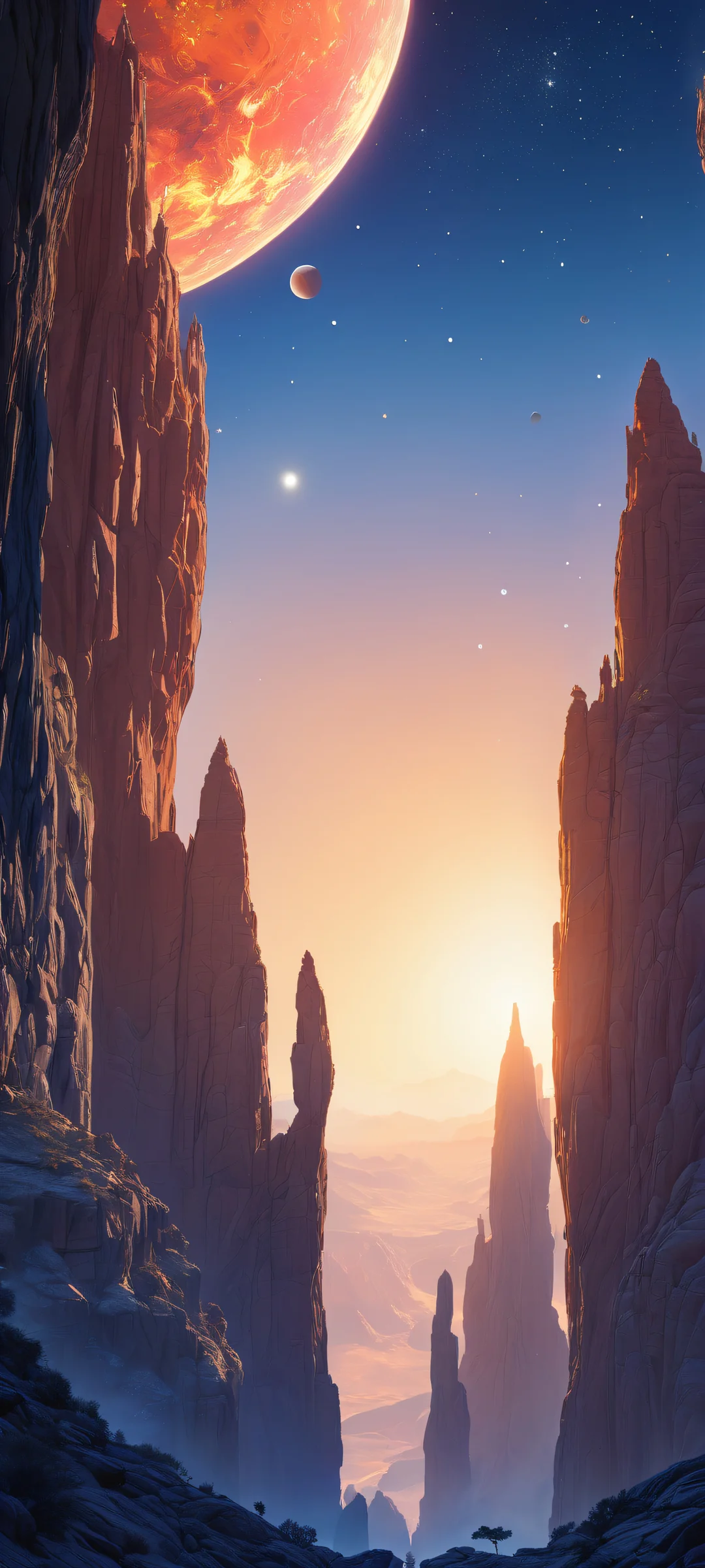 Planetary formations on a vast pure void background with starry sky and iPhone/Android compatibility.