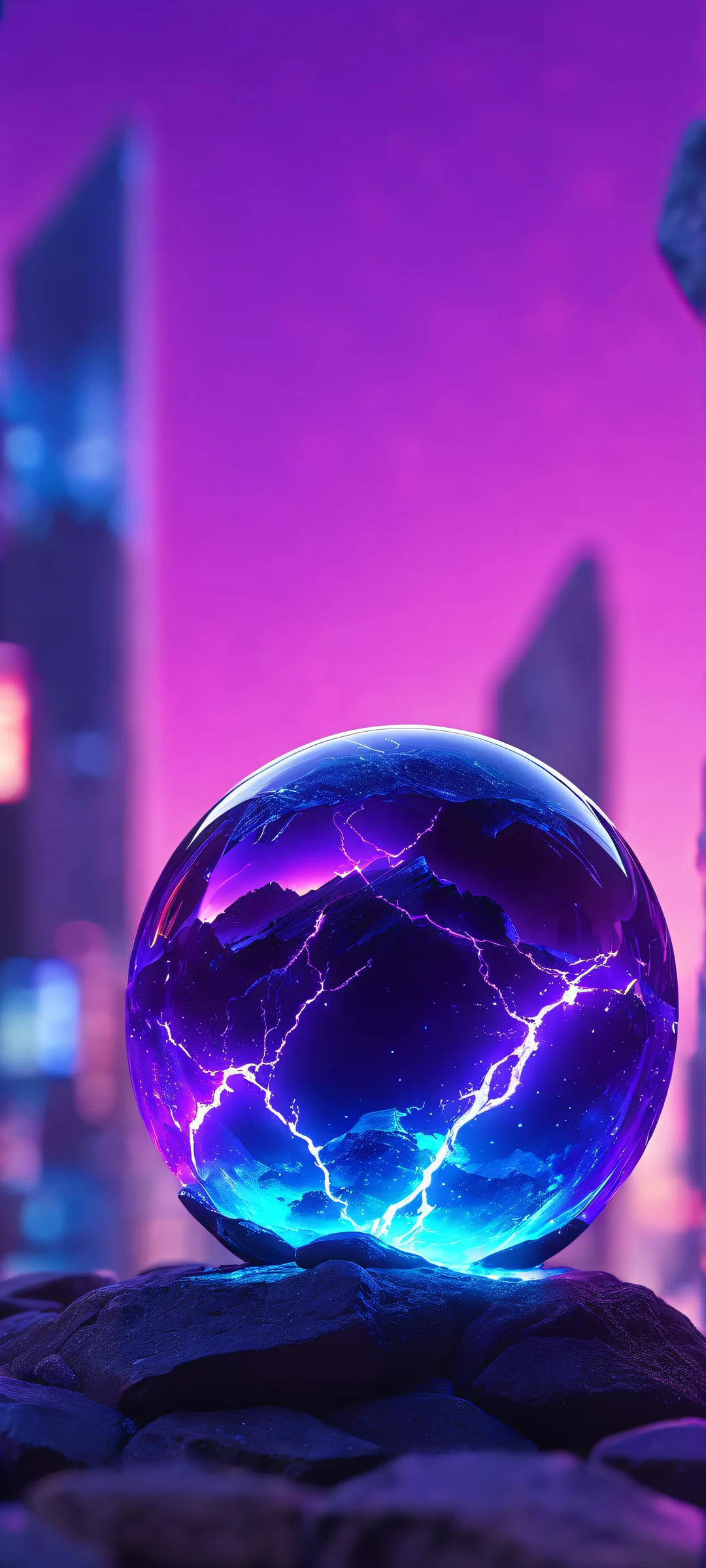 Get ready to embark on a cosmic adventure with this stunning iPhone and Android wallpaper featuring a plasma orb surrounded by a vibrant cityscape at sunset, with electric blue and deep purple hues shining bright.