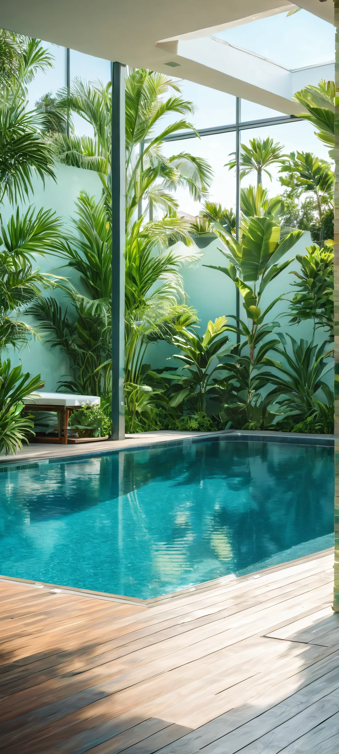 A serene and inviting indoor pool scene for your iPhone or Android. Perfectly relaxing with soft natural light and a blend of blues and greens.