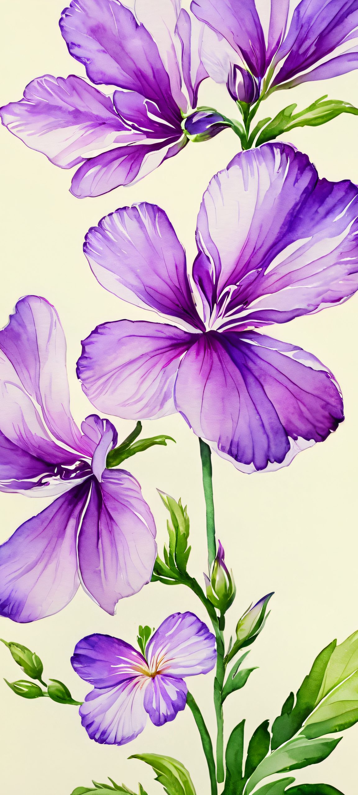 A stunning watercolor design featuring purple flowers in a garden setting, perfect for iPhone and Android home screens.