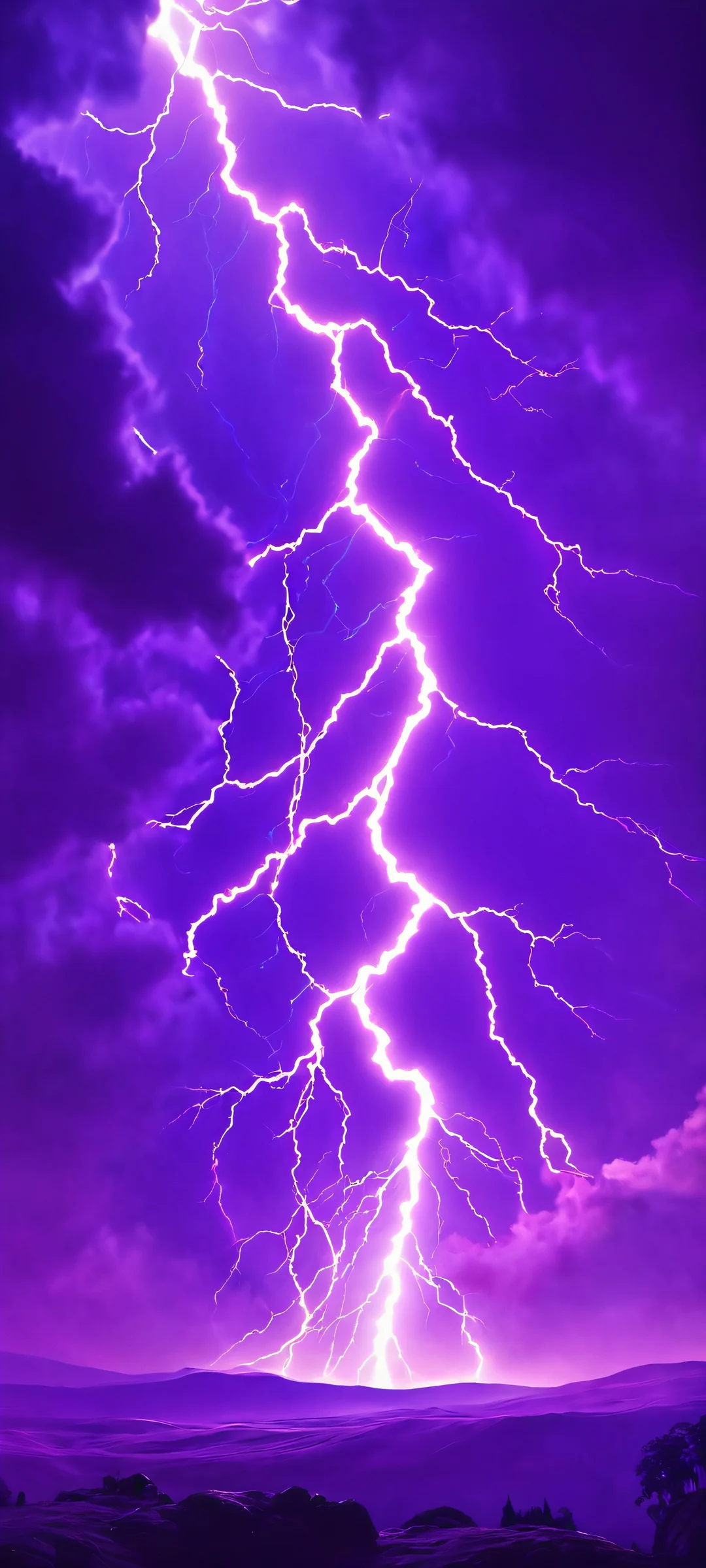 Magnificent purple lightning strikes the dark grey background of this breathtaking mobile phone wallpaper, perfectly optimized for iPhone and Android home screens.