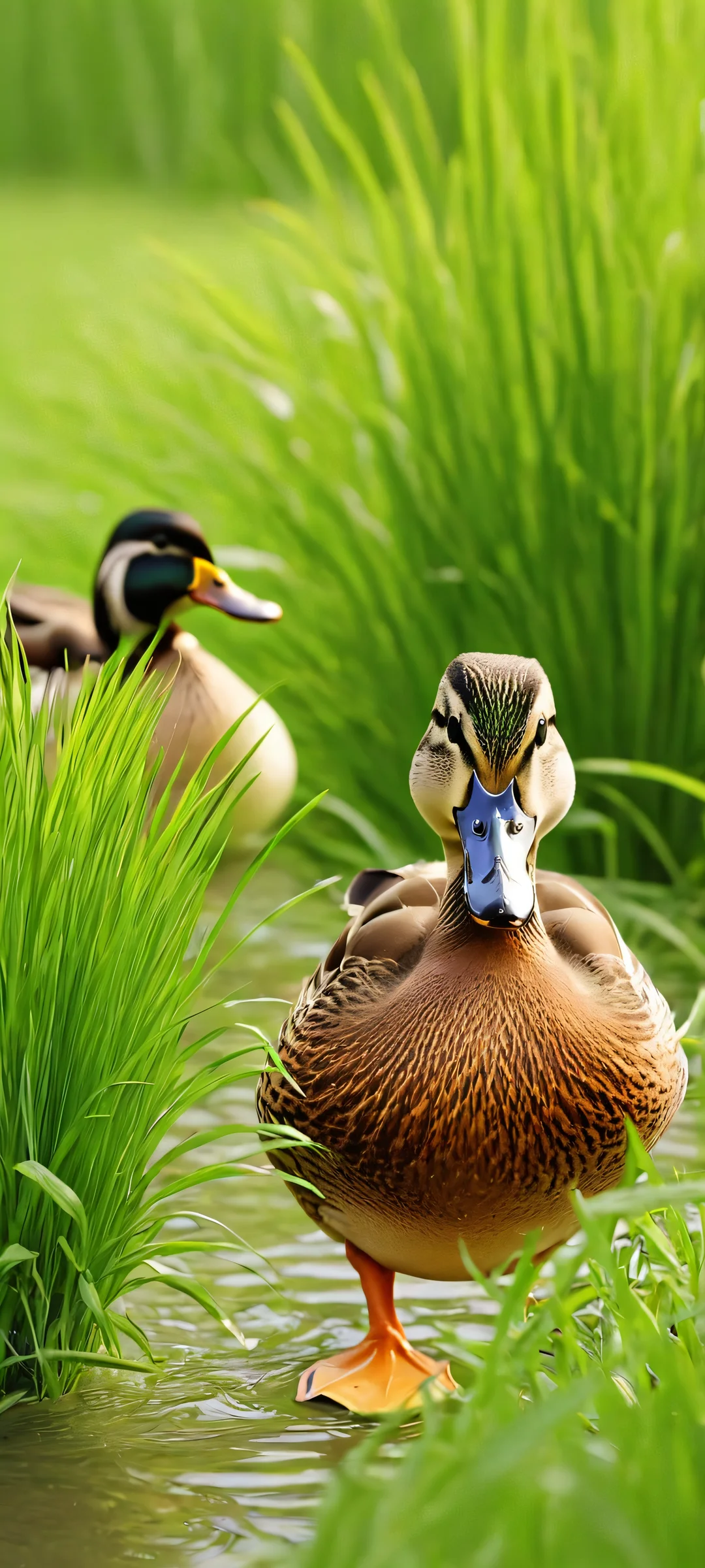 A group of ducks waddling on a lush green meadow, perfectly optimized for iPhone and Android home screens.