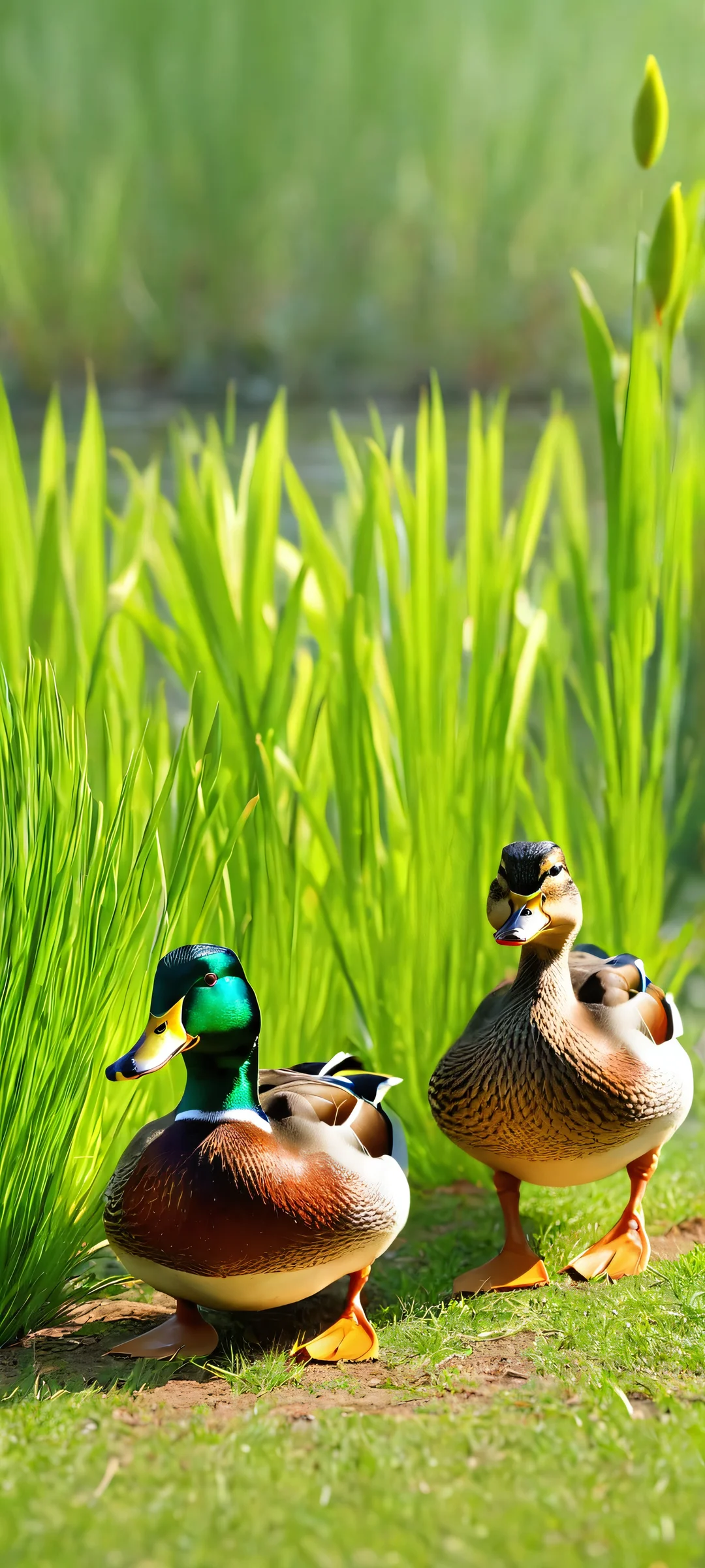A stunning vertical mobile wallpaper featuring ducks in a grassy landscape, shot in daylight with stop motion effect. Perfect for iPhone and Android home screens.