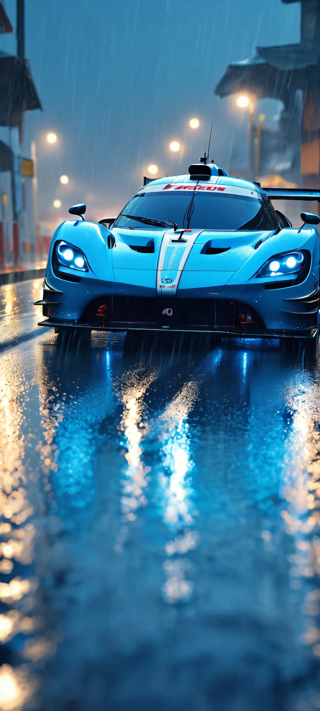 Racing Car on a Rainy Night 2K QHD Mobile Wallpaper A realistic racing car speeding down a wet road at night. Perfect for iPhone and Android phone backgrounds.