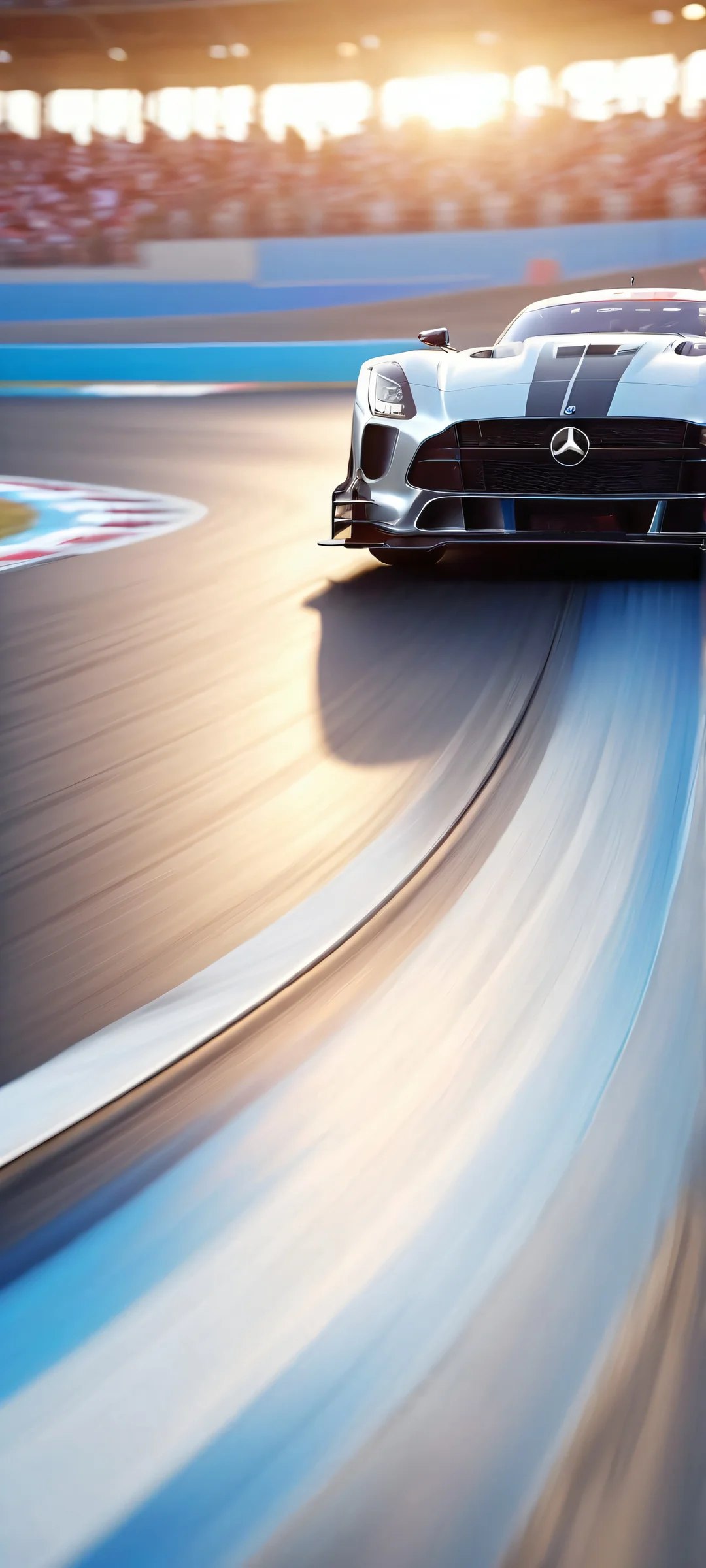Racing Fever 2K Mobile Background iPhone and Android compatible vertical mobile wallpaper featuring a fast-moving vehicle on a racing track with blurred background, motion blur, bright highlights and shadows.