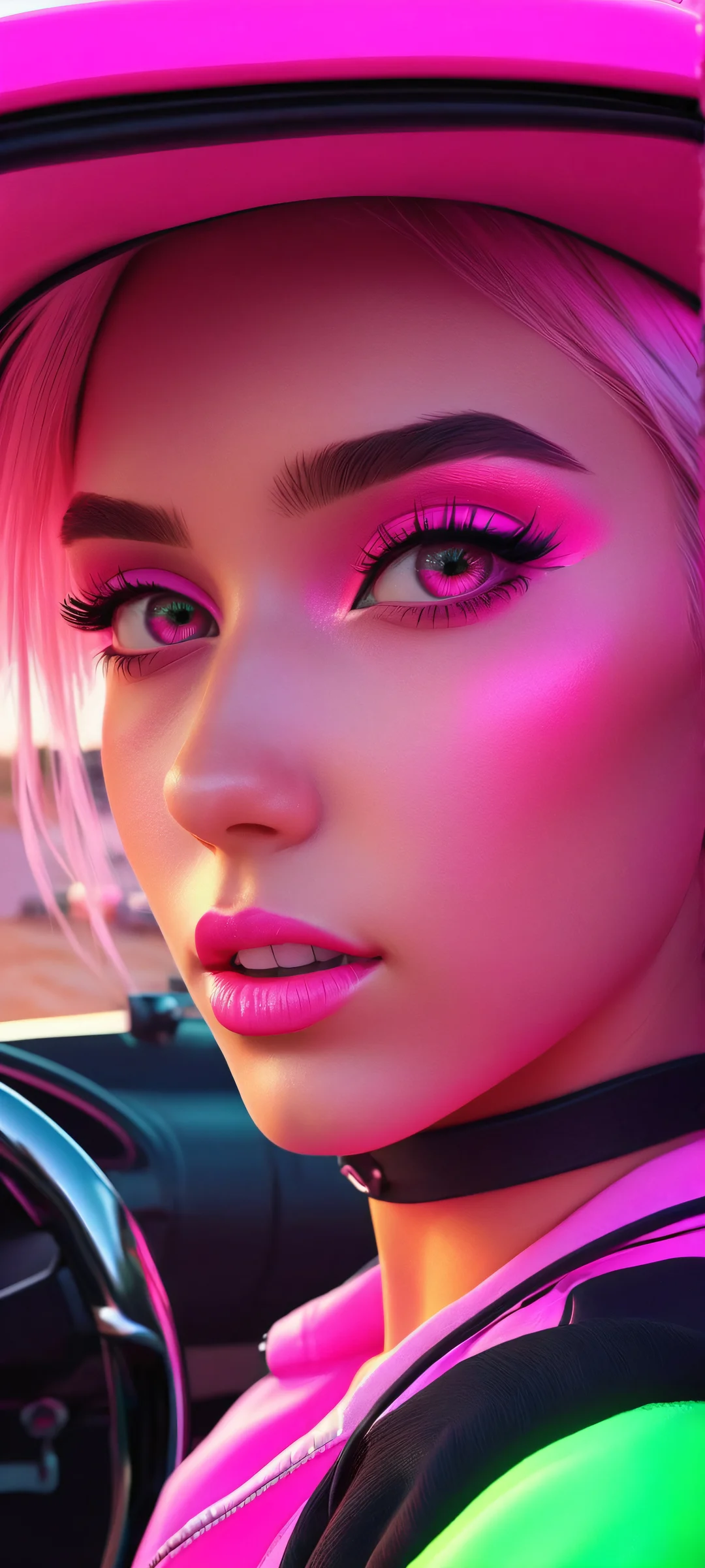 A girl speeding in a car on a dirt track, surrounded by edgy cartoon graphics and bright neon lights. Perfect for iPhone/Android home screens.