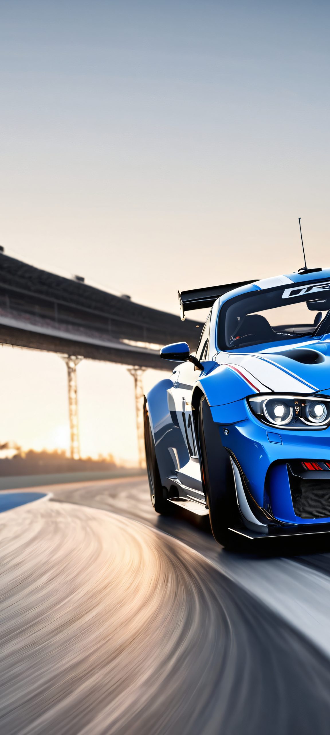 A thrilling racing car speeding down a grey and blue track at dusk, perfectly optimized for iPhone and Android home screens.