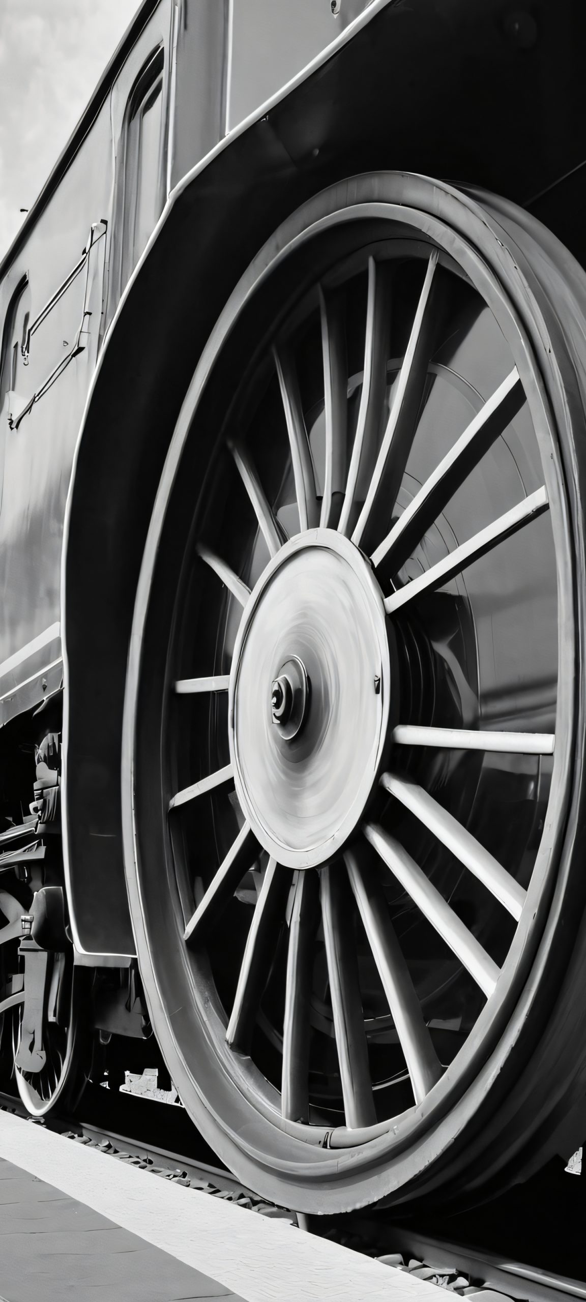 Minimalist train wheel and railway station scene in soft black and white, perfect for iPhone/Android