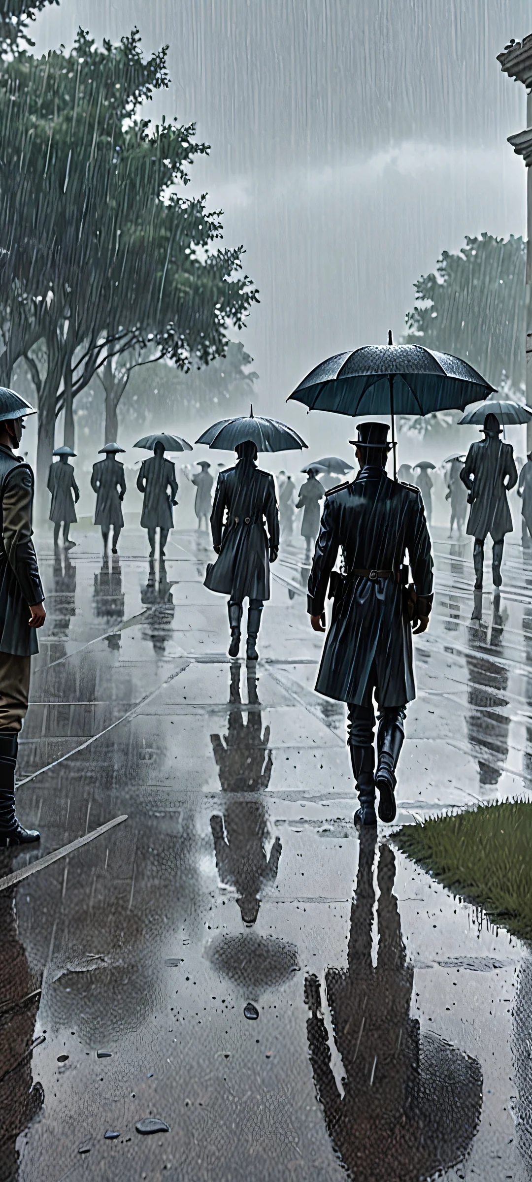 iPhone and Android users will be mesmerized by the dramatic figures standing tall amidst a rain-soaked battlefield. The subtle blend of dark tones and muted palette creates an air of mystery.