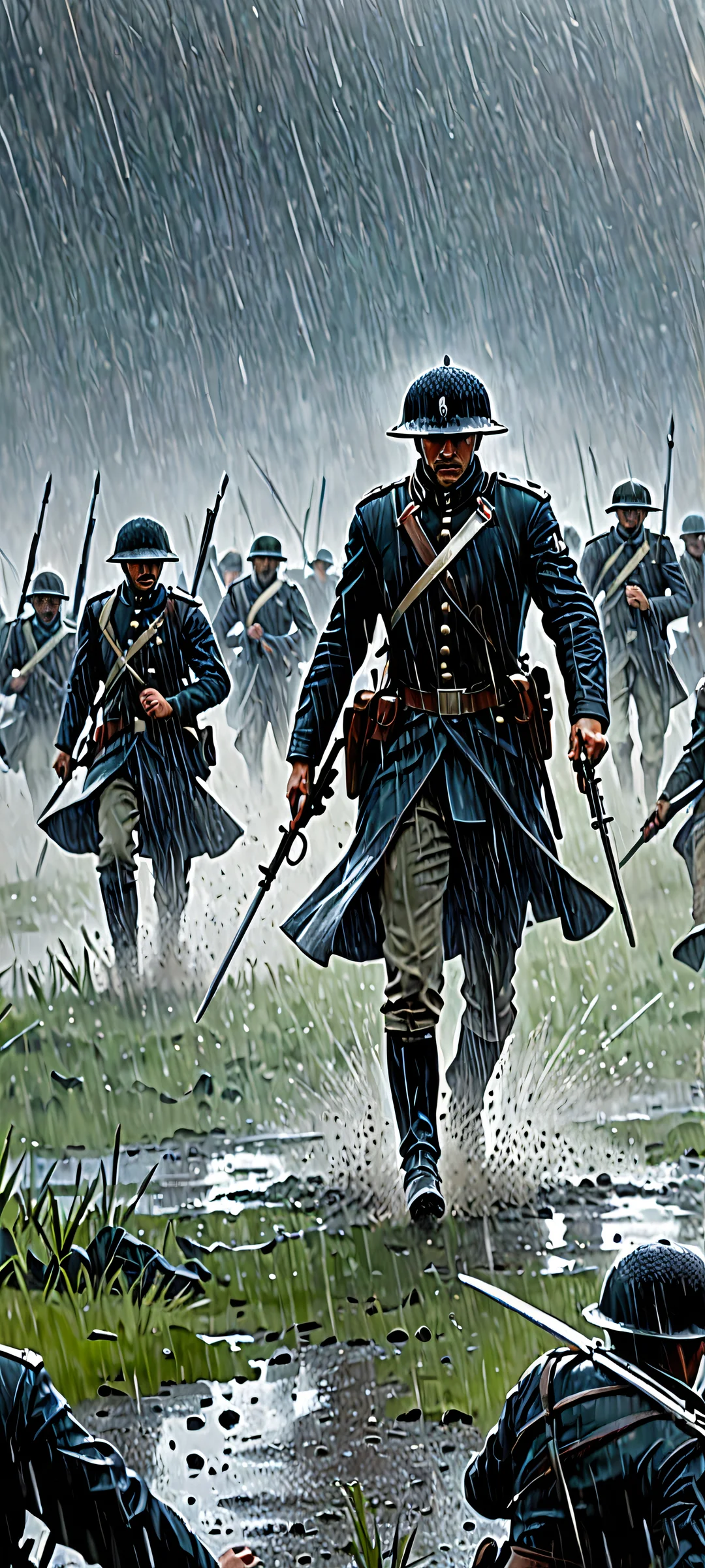 A dark and moody abstract mobile wallpaper featuring a rain-drenched battlefield. iPhone または Android のホーム画面に最適.