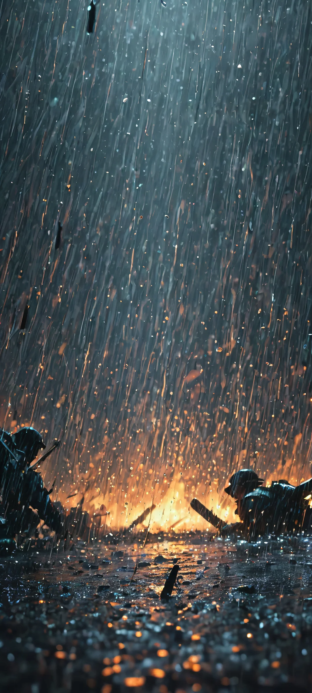 A dramatic iPhone and Android mobile phone wallpaper of a rain-drenched battlefield, ホーム画面に最適.