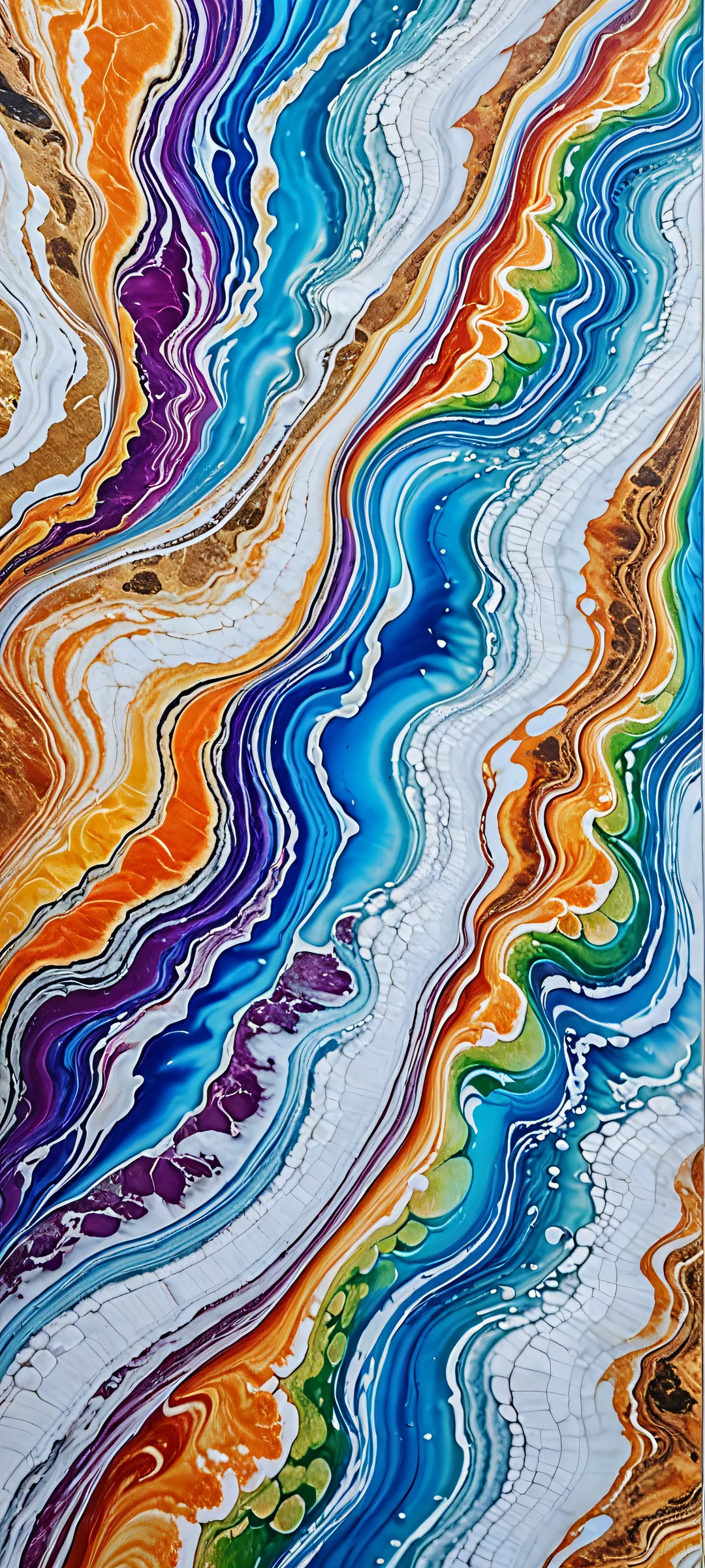 A stunning vertical mobile phone wallpaper featuring a realistic marble and water combination with a hint of rainbow colors, perfectly suited for iPhone/Android home screens.