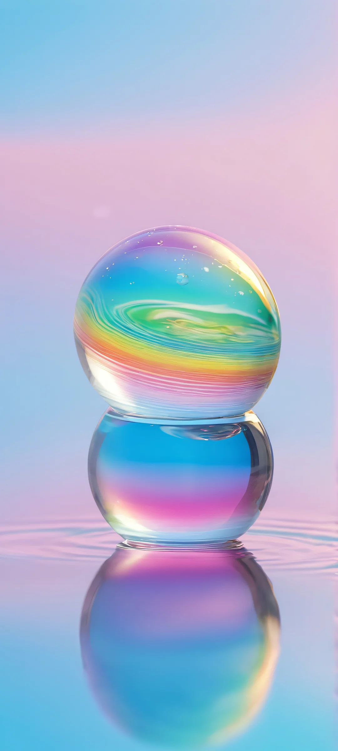 iPhone/Android wallpaper featuring a stunning glass marble with rainbow inside falling into water