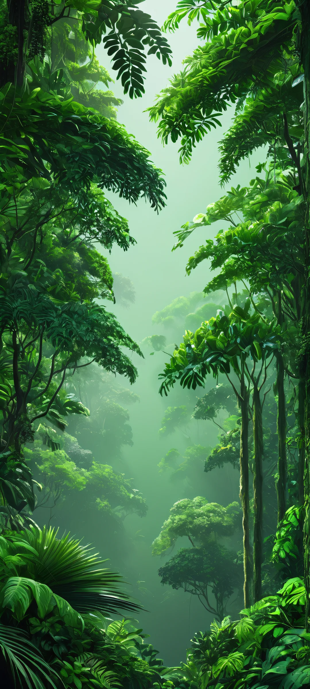 A serene iPhone and Android mobile wallpaper featuring a dark and moody rainforest canopy with muted greens.