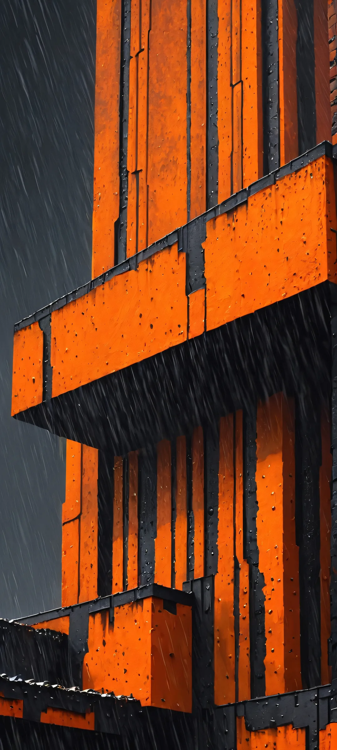 A rainy day at a fortress with brutalist architecture and molten lava flows, perfectly optimized for iPhone and Android home screens.