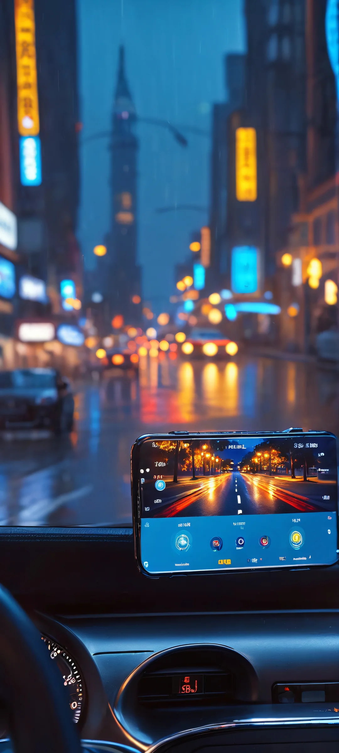 A mesmerizing mobile wallpaper featuring a car dashboard on a rainy city street at night, perfectly optimized for iPhone and Android devices.