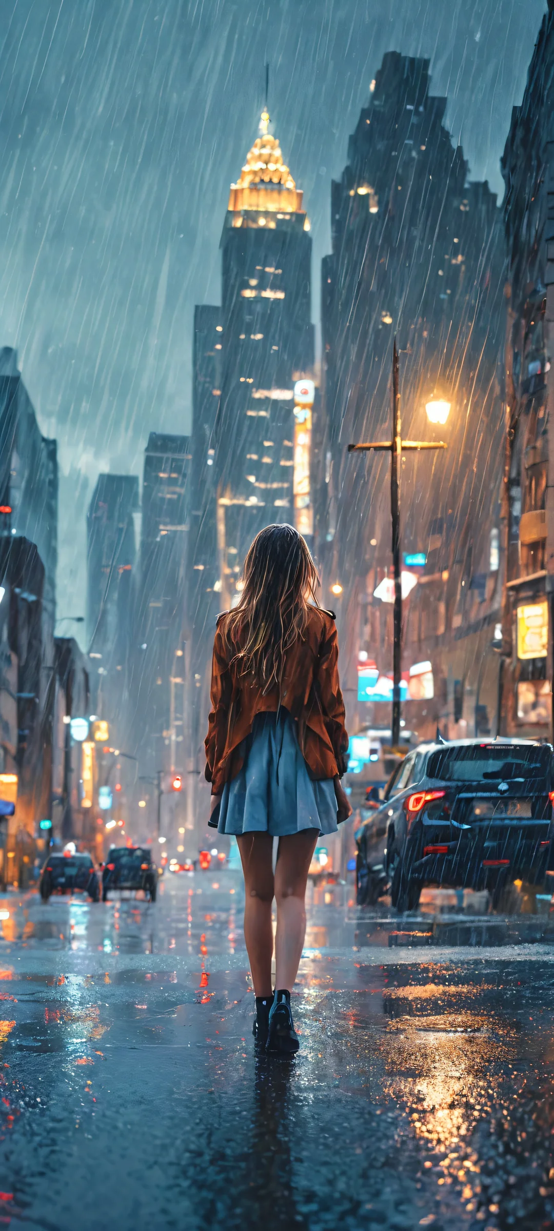 Beautiful girl standing beneath a rainy city skyline on an iPhone/Android device.