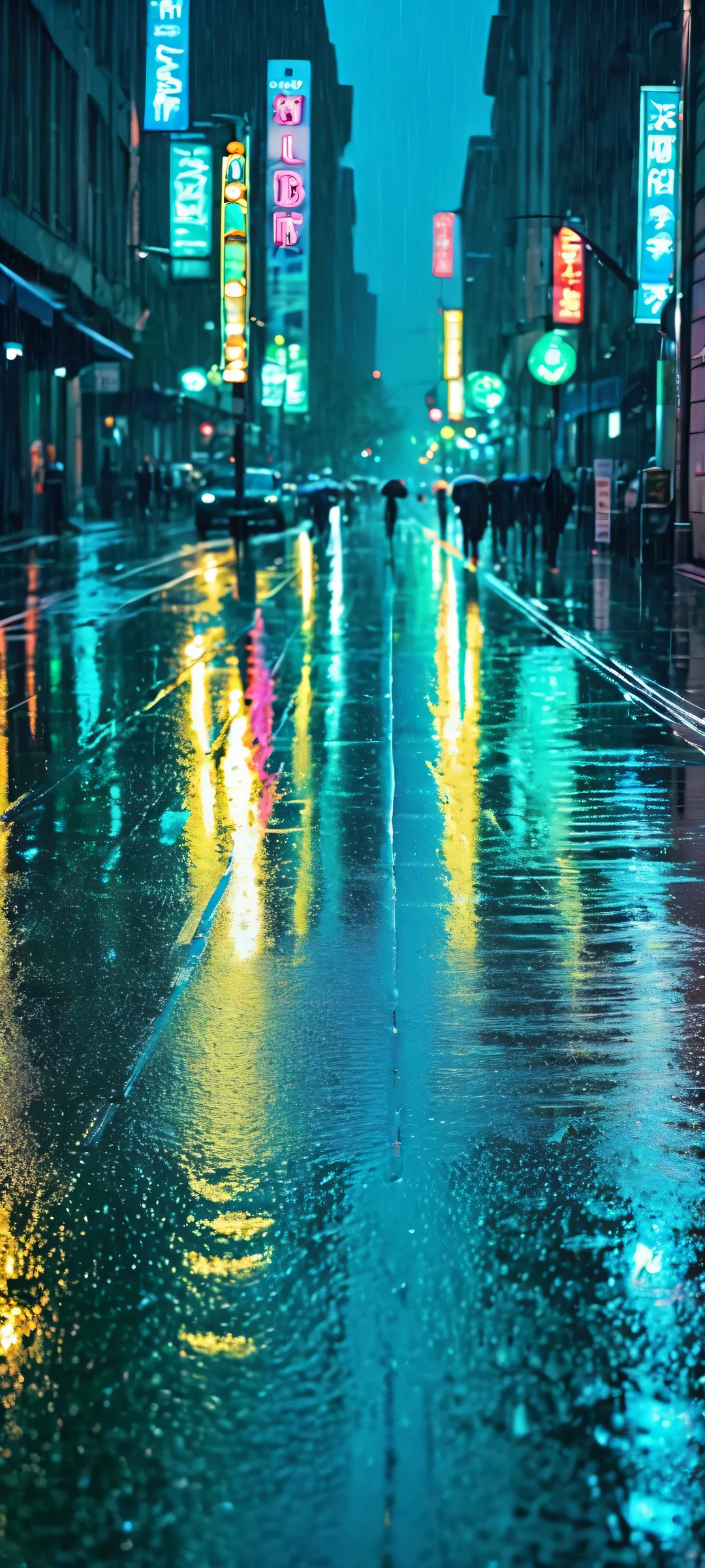 Neon-lit pedestrian street on a rainy night, best for iPhone/Android home screens.