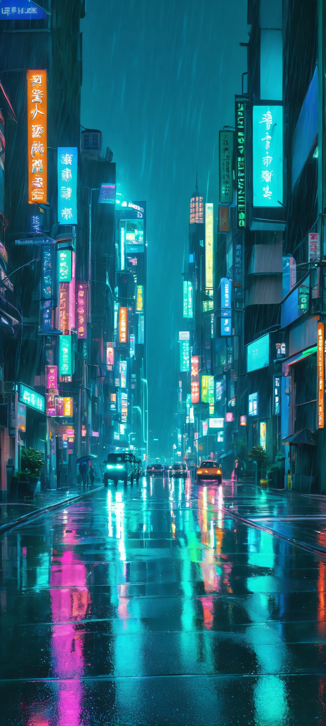 iPhone and Android users will love this breathtaking rainy city nightscape with neon reflections in luminous blue and electric green.