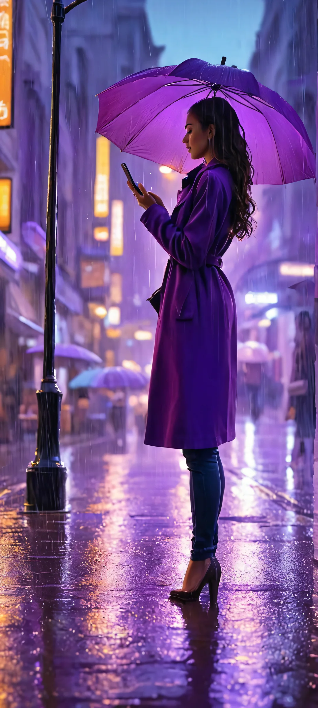 iPhone/Android user, gaze upon this stunning rainy city streetscape with a woman as the focal point. Perfectly optimized for your mobile phone's home screen.