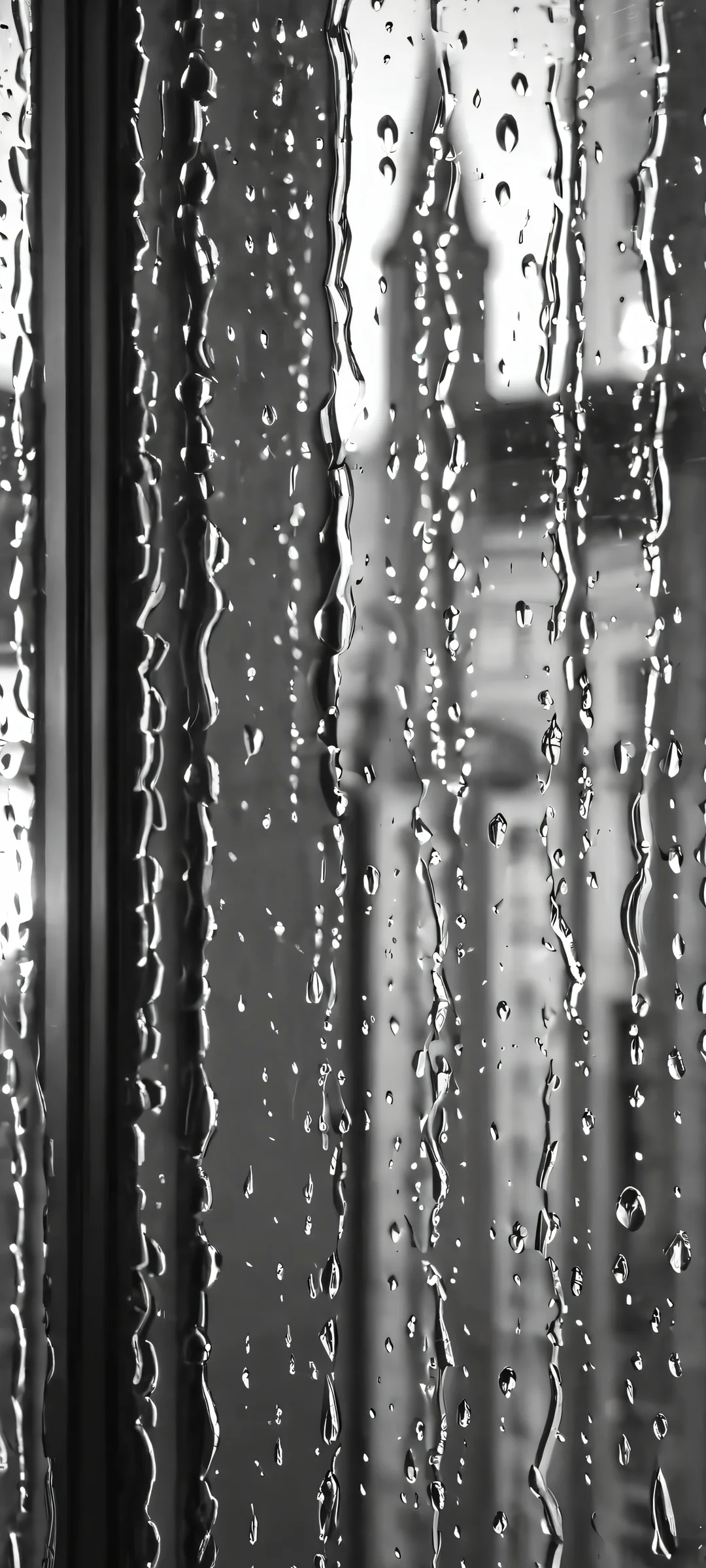 iPhone and Android users will love this stunning vertical mobile wallpaper featuring raindrops on a window, city reflections in the evening, and a touch of monochrome artistry.