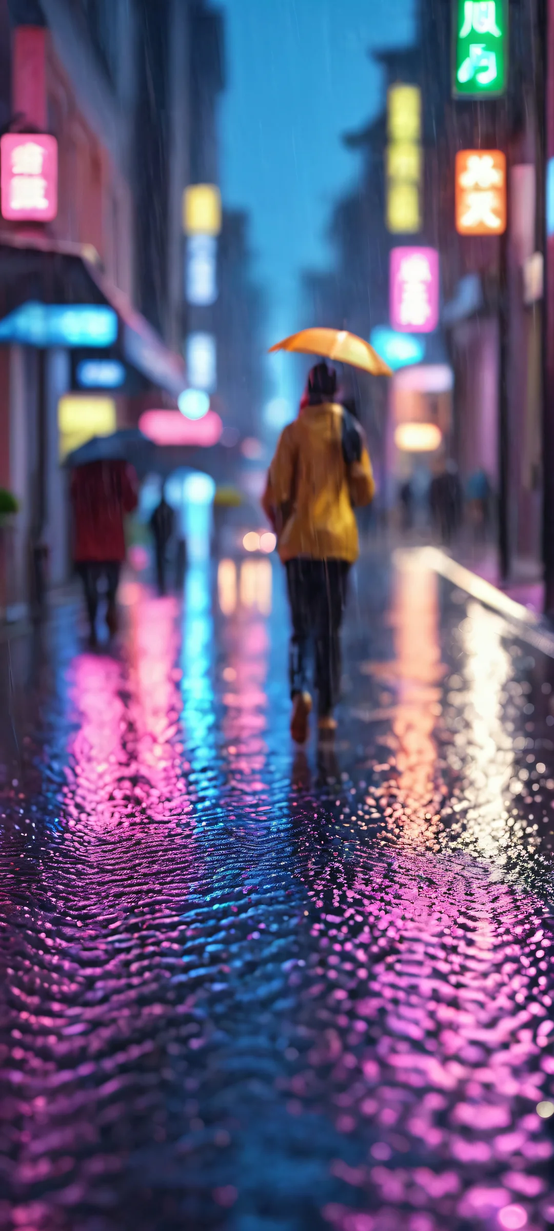 Rainy City Streets Lock Screen for iOS & Android A rainy city street at night with neon lights and depth of field, perfect for iPhone/Android home screens.