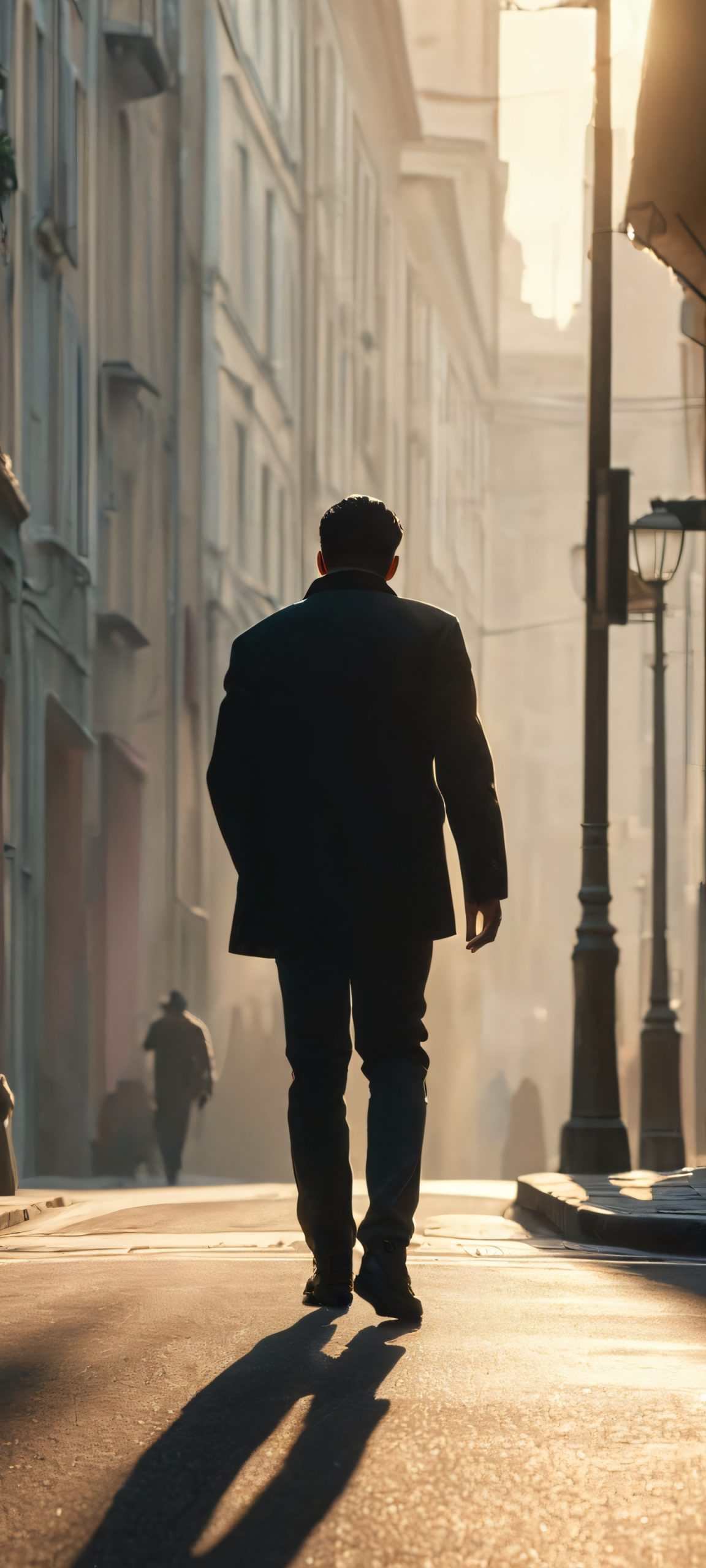 Man walking in the rain on a city street. Perfectly optimized for iPhone and Android home screens.