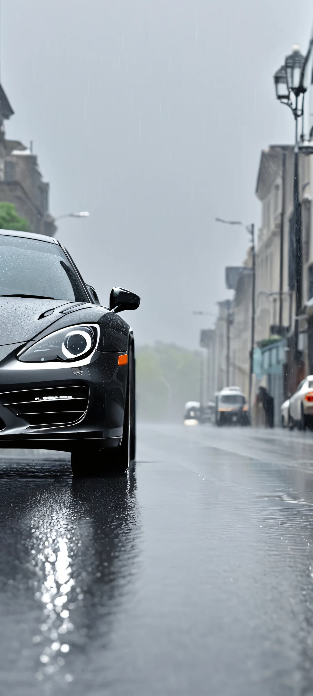 A futuristic cityscape on a rainy day, perfectly suited for your iPhone or Android device.