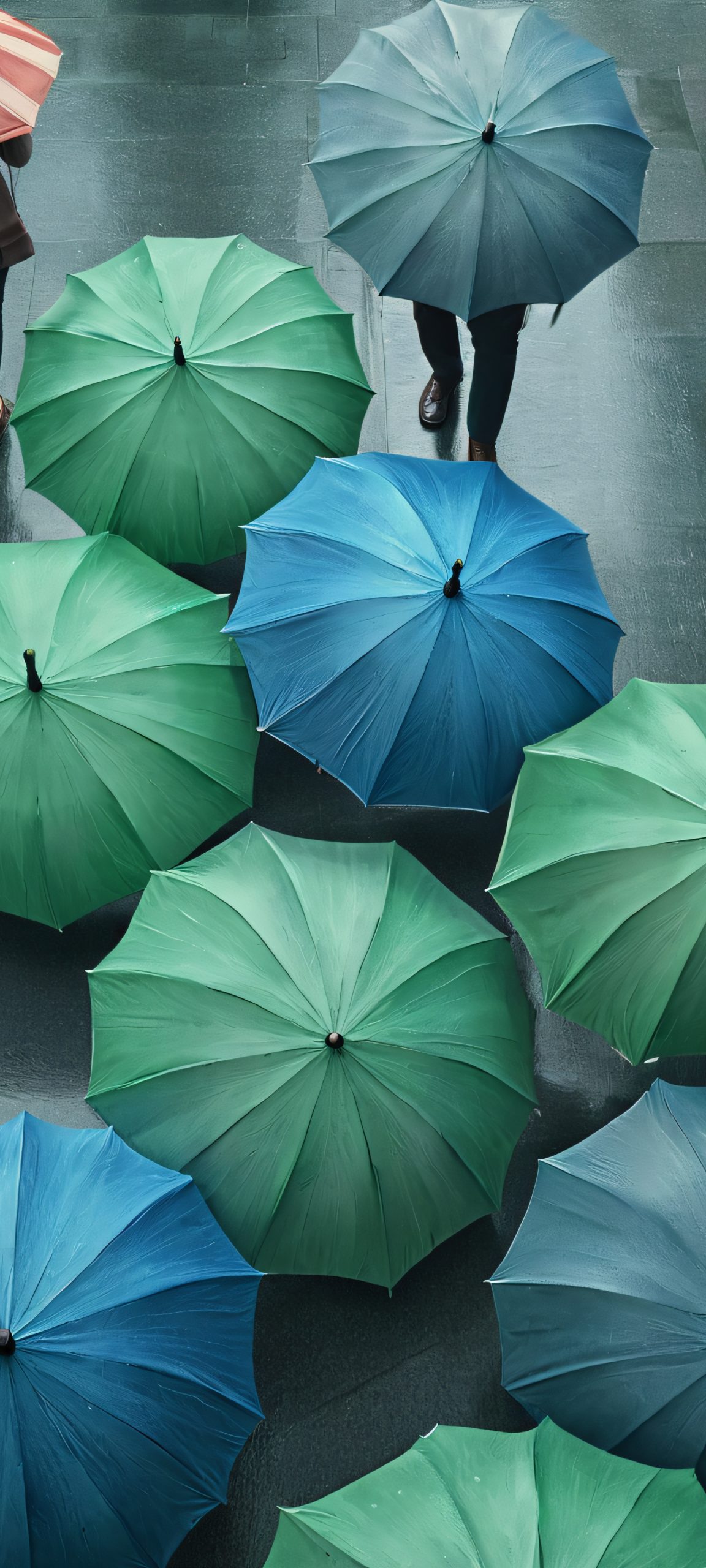 A serene scene of people under umbrellas on a rainy day, amidst a grey, blue, and green sidewalk, perfectly optimized for iPhone, Samsung Galaxy, and Android home screens.