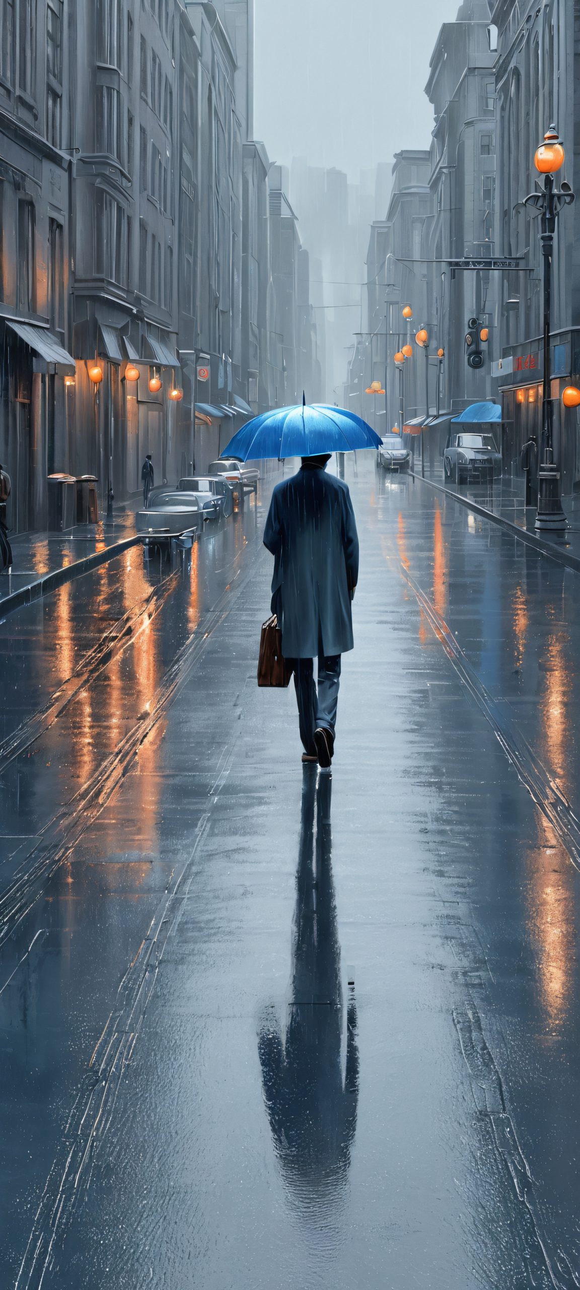 A serene rainy day scene of a walker on a city street. Perfect for iPhone/Android home screens.