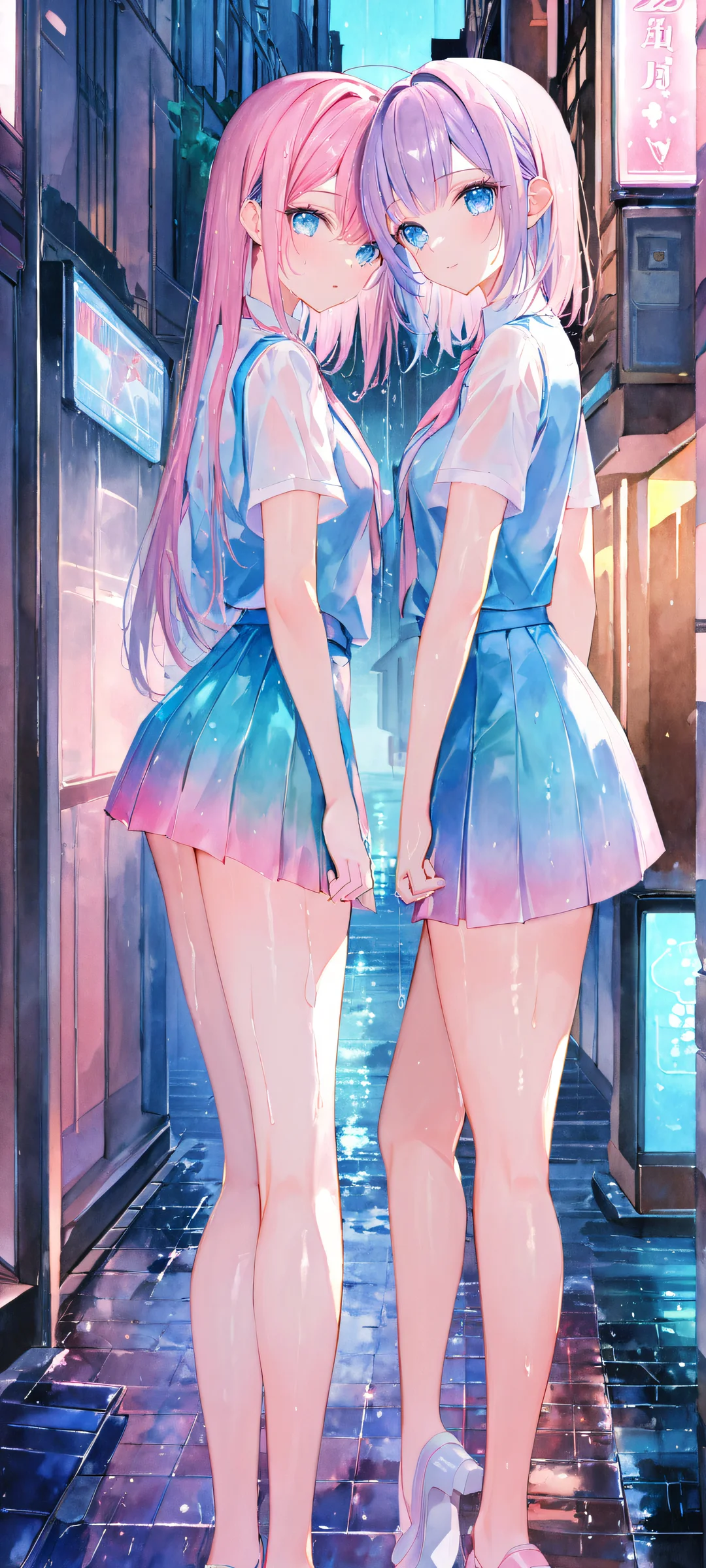School girls walking in the rain on neon-lit wet streets. Perfect for iPhone and Android home screens.
