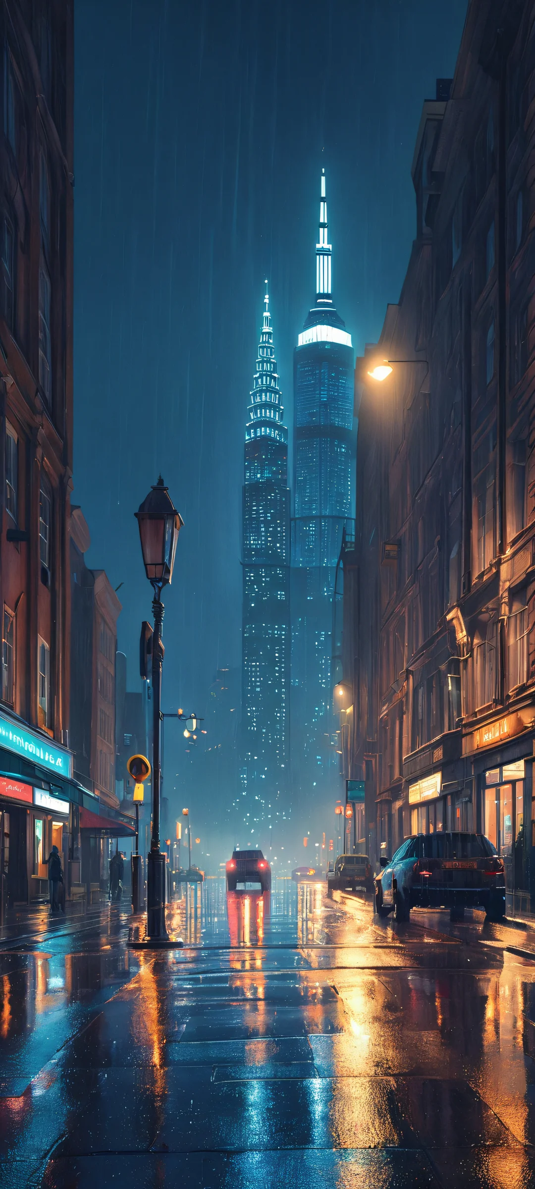 Breathtaking city skyline at night with a rainy atmosphere, perfect for iPhone/Android home screens.
