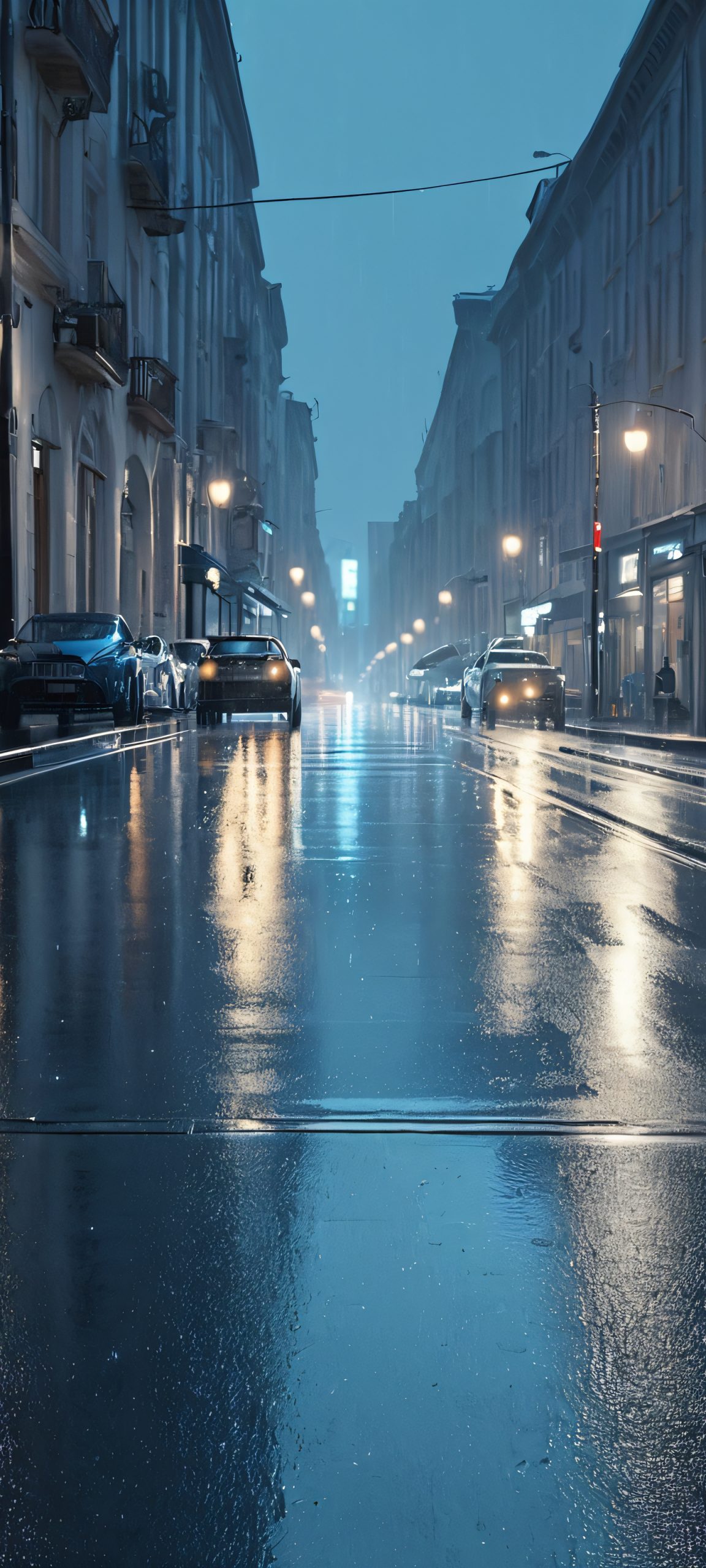 Rainy street at night, dim streetlights, iPhone and Android wallpaper