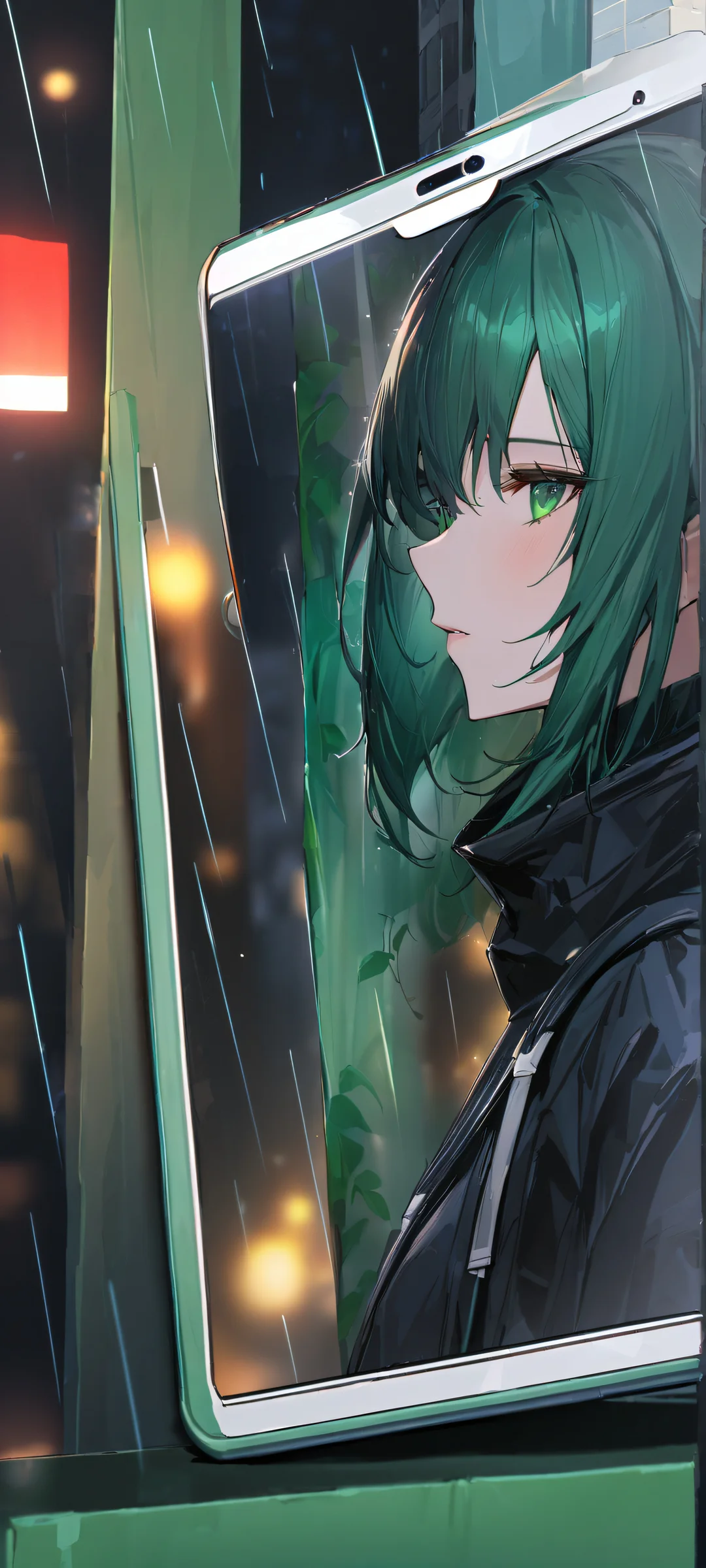 A rainy night portrait of a street musician playing guitar on an iPhone or Android phone