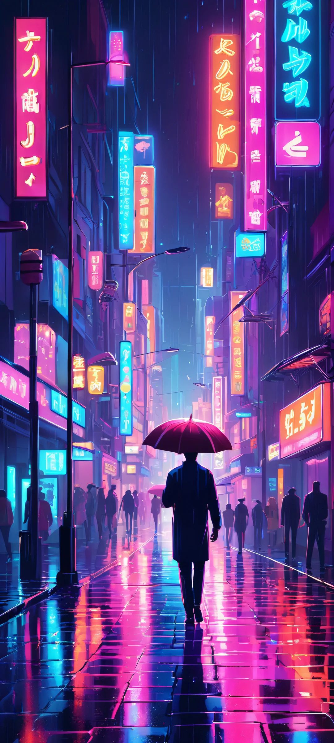 Rainy Night Vibes QHD Phone Background A rainy night scene with neon lights on a pedestrian street. Perfect for iPhone and Android devices.