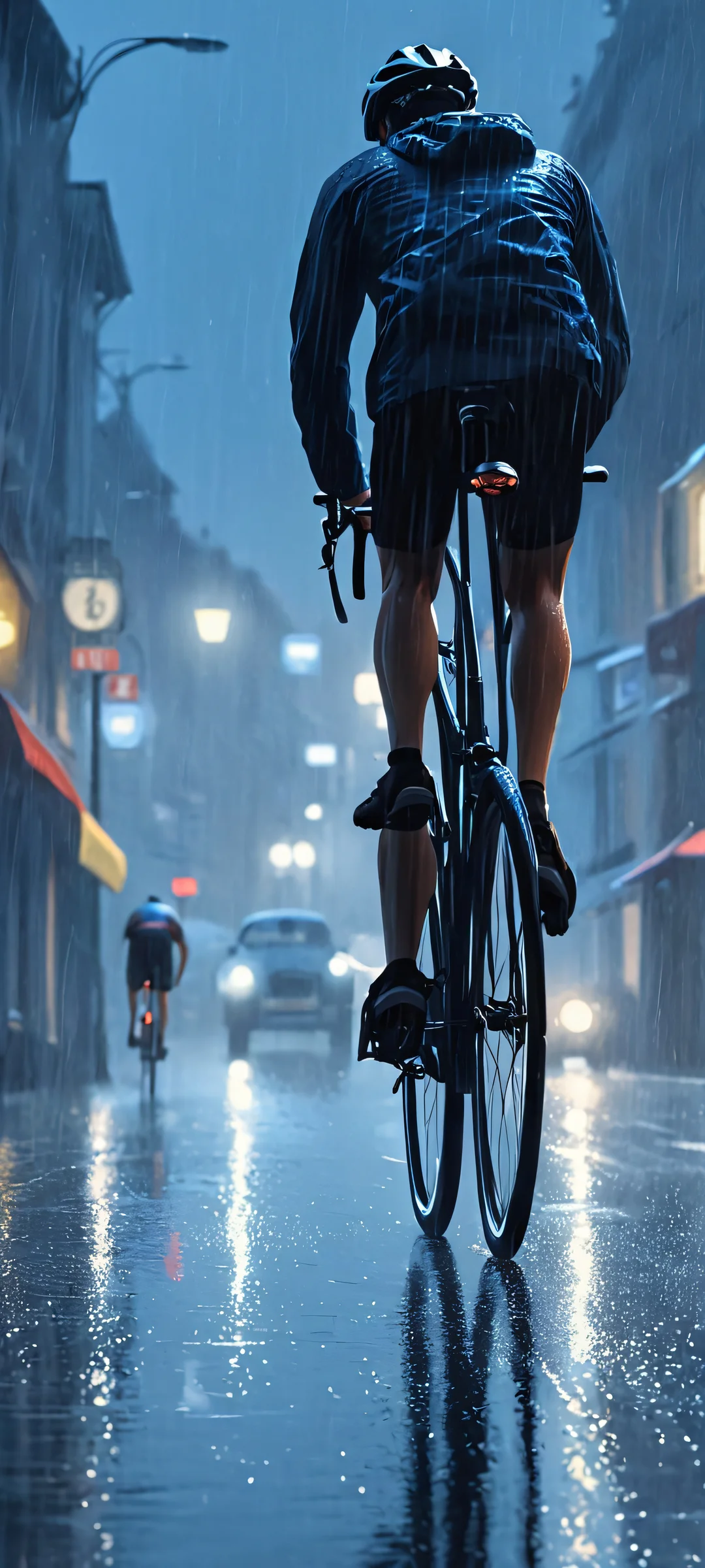 A cyclist navigates through the rain-soaked streets under the cover of deep blues and rich grays, iPhone/Android.