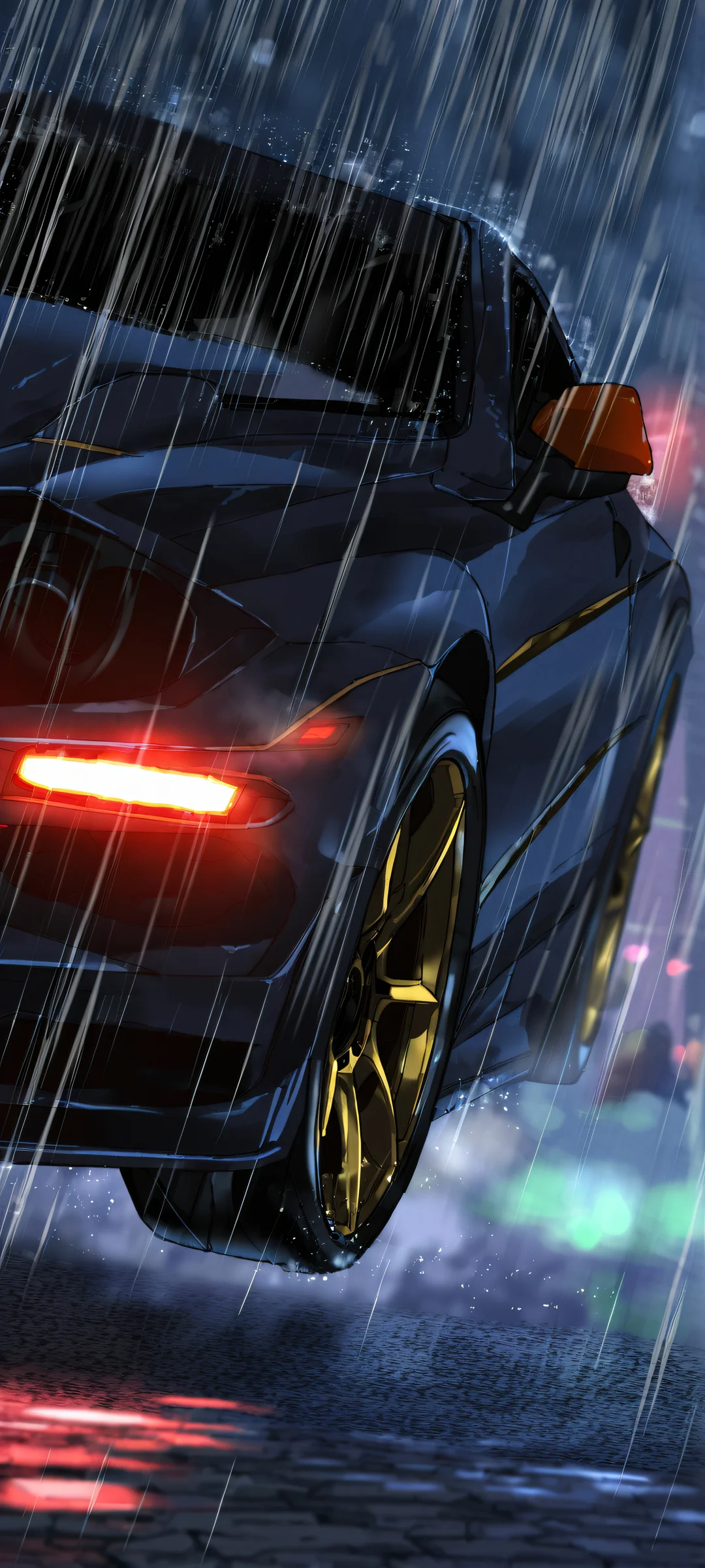 Rainy Night Rush iPhone & Samsung QHD Wallpaper A speeding vehicle in the rain, iPhone and Android compatible mobile wallpaper with motion blur and brake glow