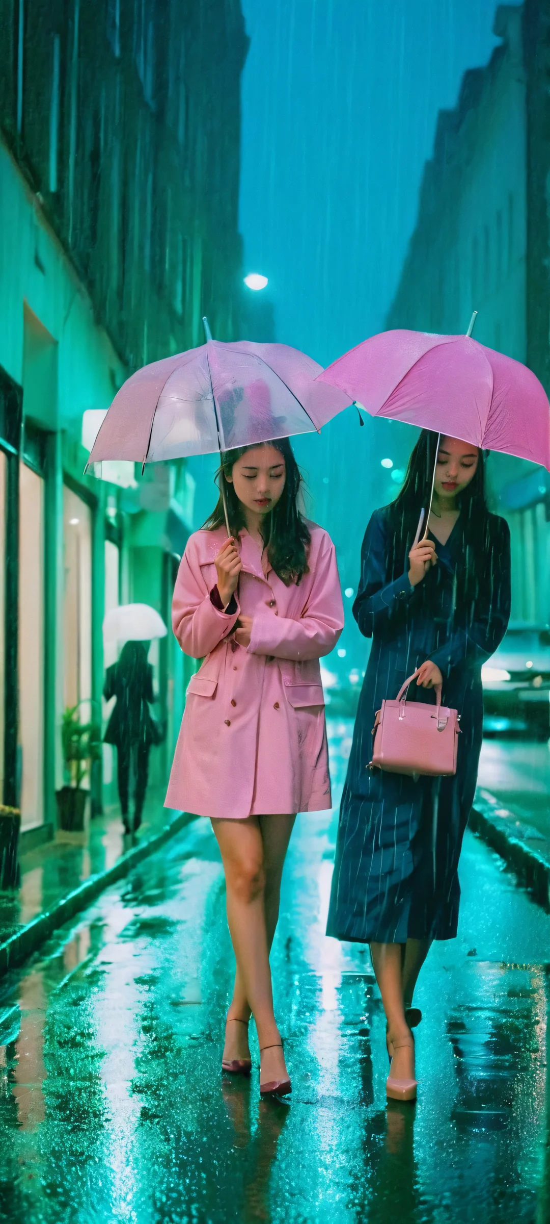A stunning illustration of three girls on a rainy city street at night. Perfectly optimized for iPhone and Android home screens.