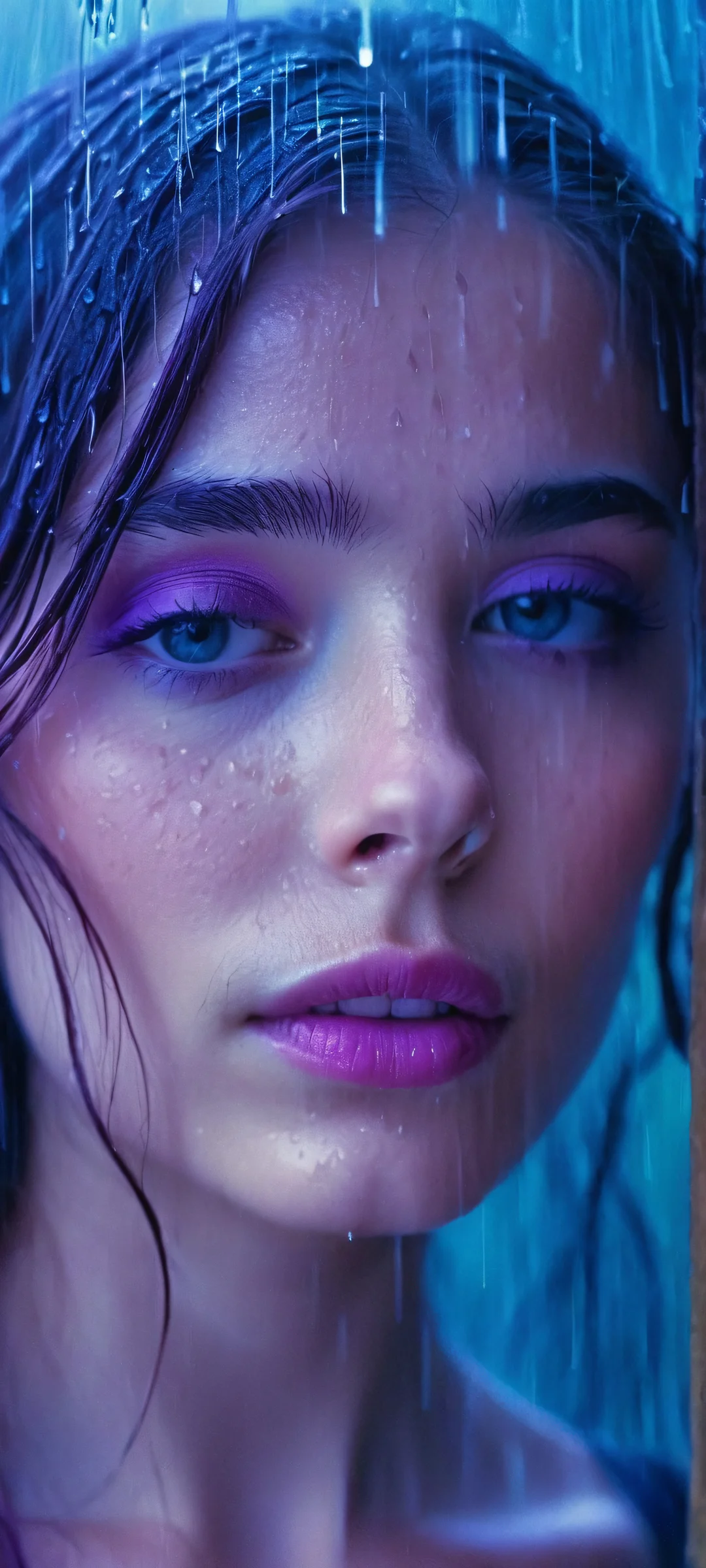 A stunning rainy scene featuring a girl in purple and blue hues, perfectly optimized for iPhone, Samsung Galaxy, and Android home screens.