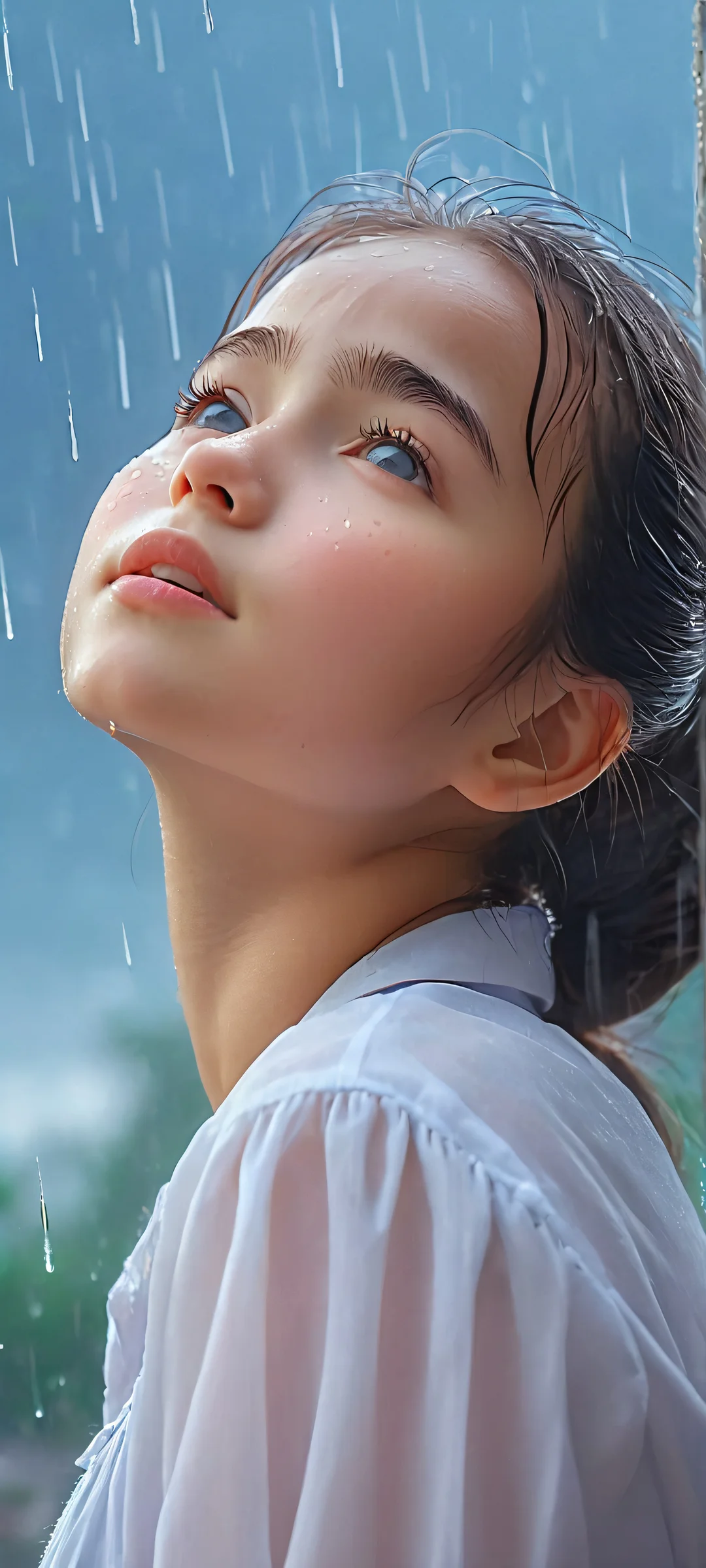 A petite girl gazes up at the rainy sky on an iPhone or Android device.