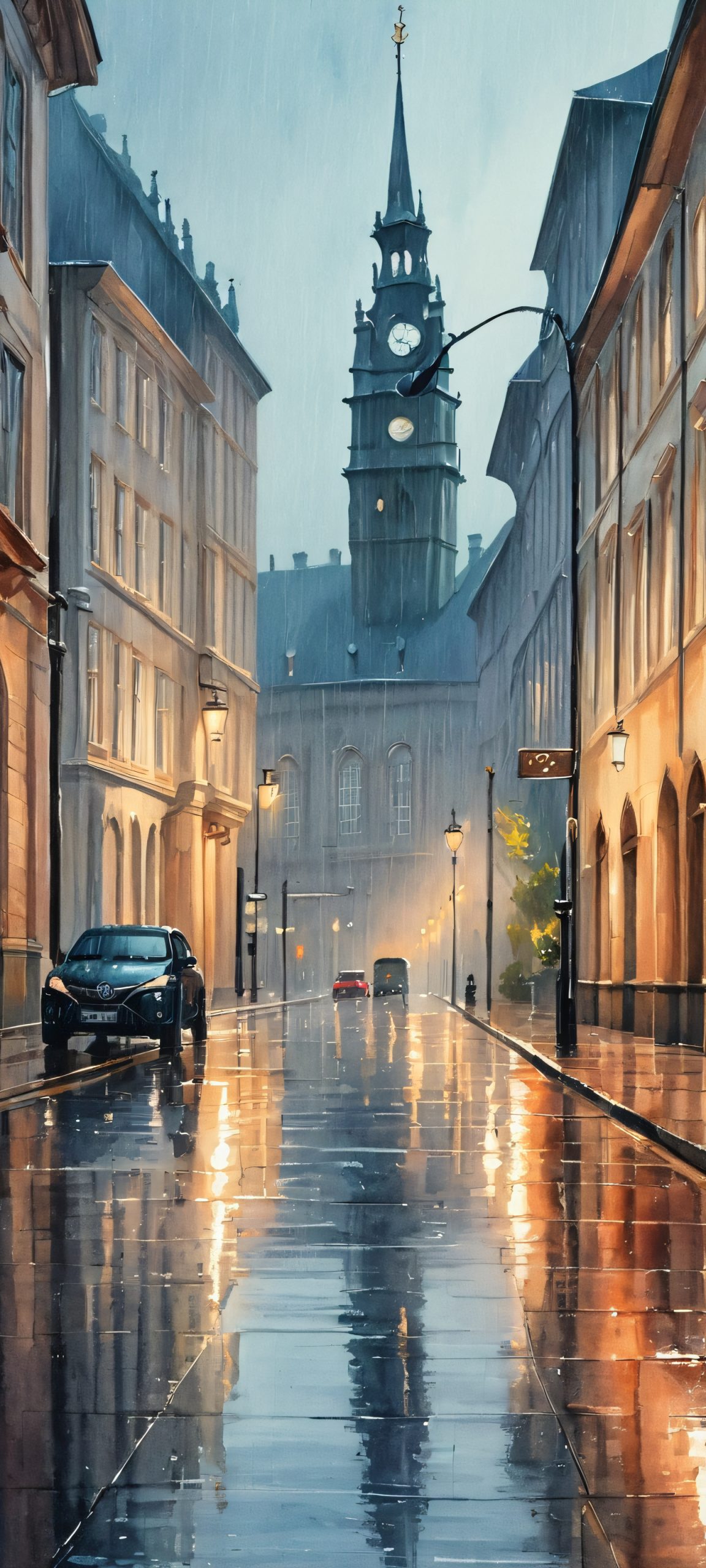 Moody rainy scene of Town Hall on a rainy street, perfectly optimized for iPhone and Android home screens.