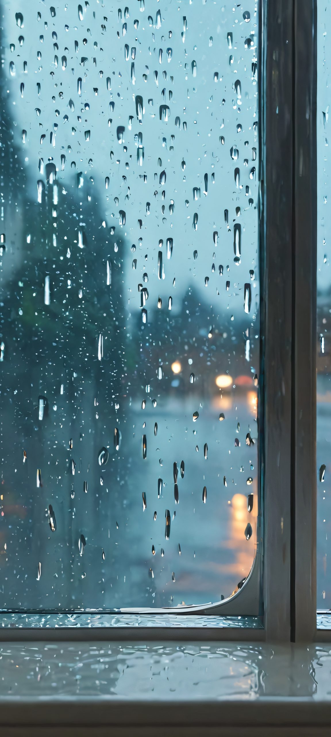 A serene rainy day scene of a city window, perfectly suited for iPhone/Android devices