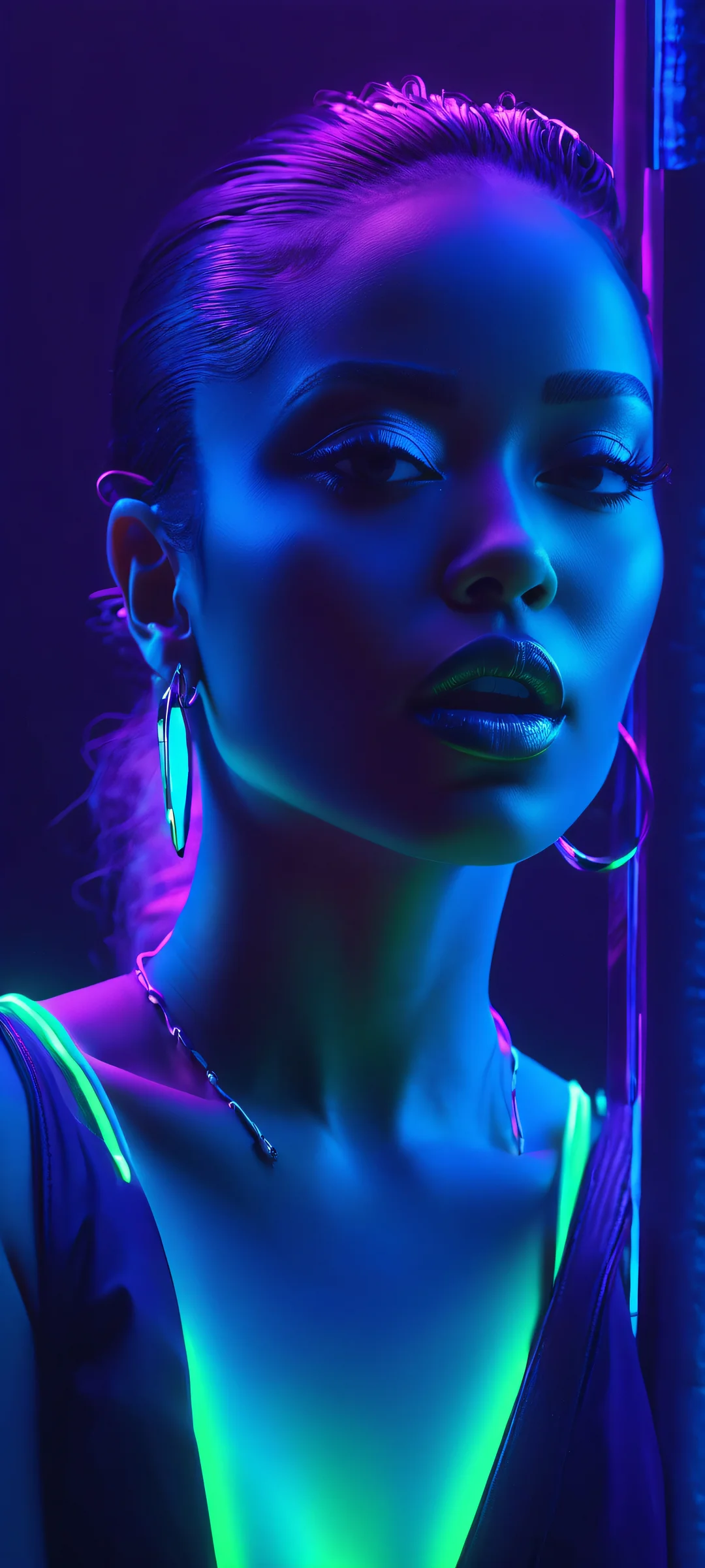 A stunning vertical mobile phone wallpaper featuring Rap Queen amidst a darkened studio backdrop with abstract distortion and neon glowing accents, perfectly optimized for iPhone, Samsung Galaxy, and Android home screens.