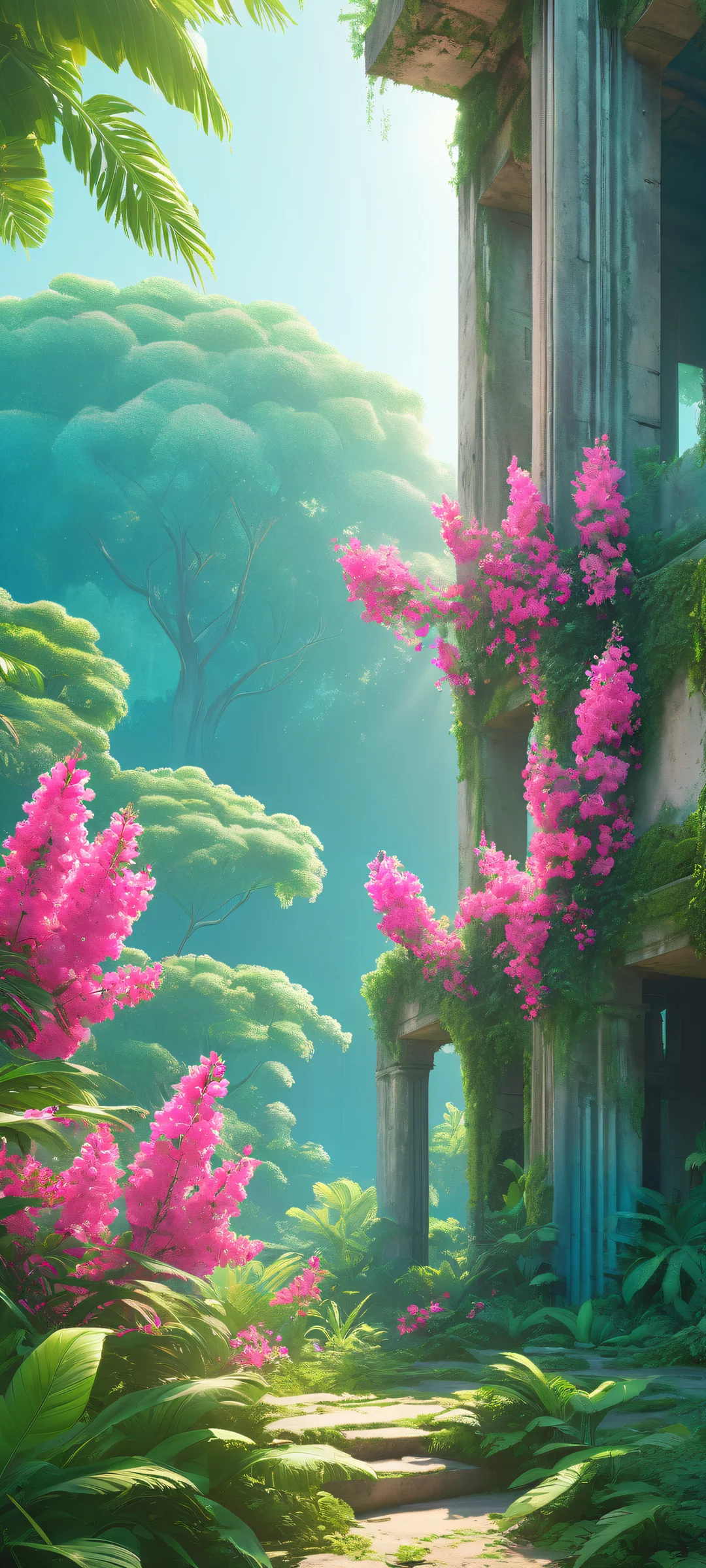 Abandoned jungle ruins reclaimed by nature, with vibrant foliage and a hint of tropical haze, perfect for iPhone/Android home screens.