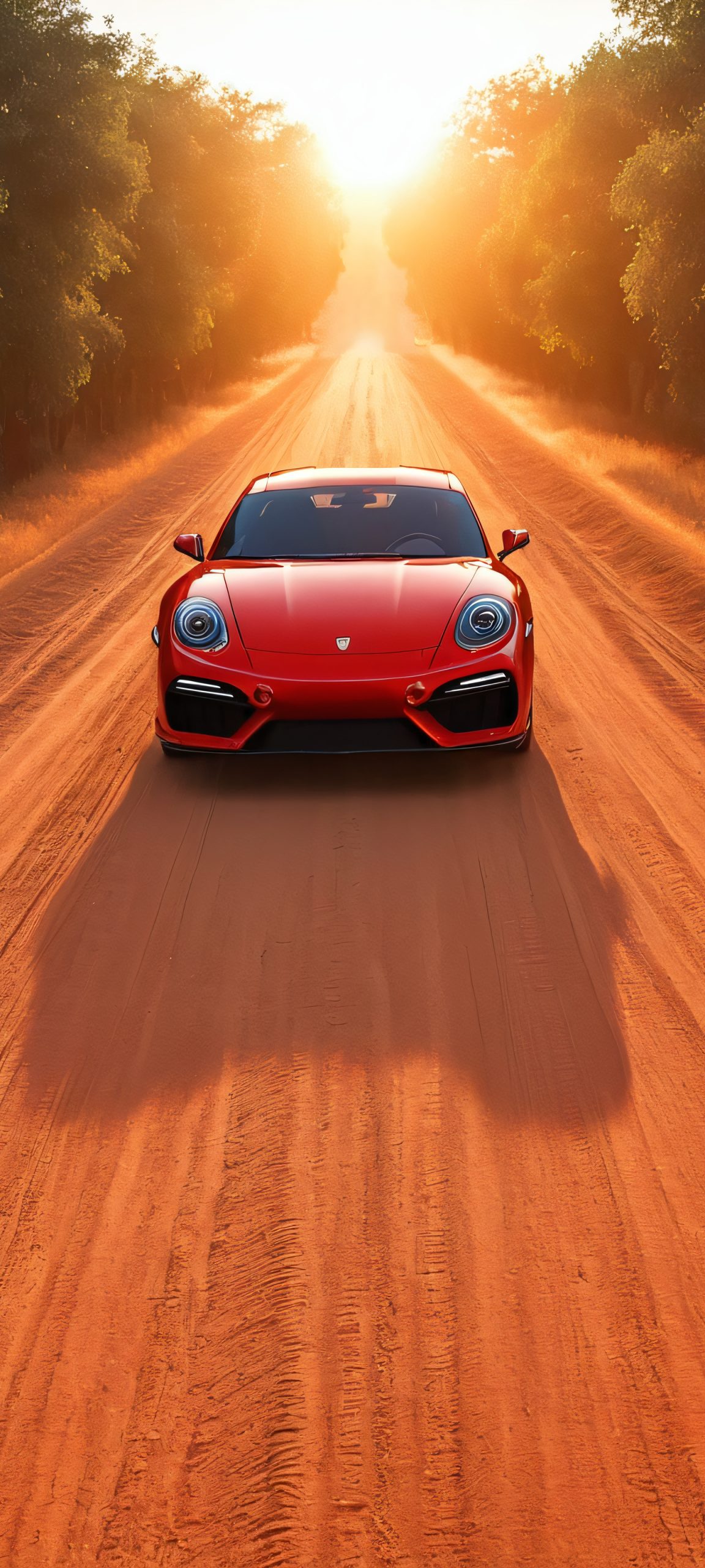 A stunning vertical mobile phone wallpaper of a red car driving down a dirt road during golden hour, perfectly optimized for iPhone, Samsung Galaxy, and Android home screens.