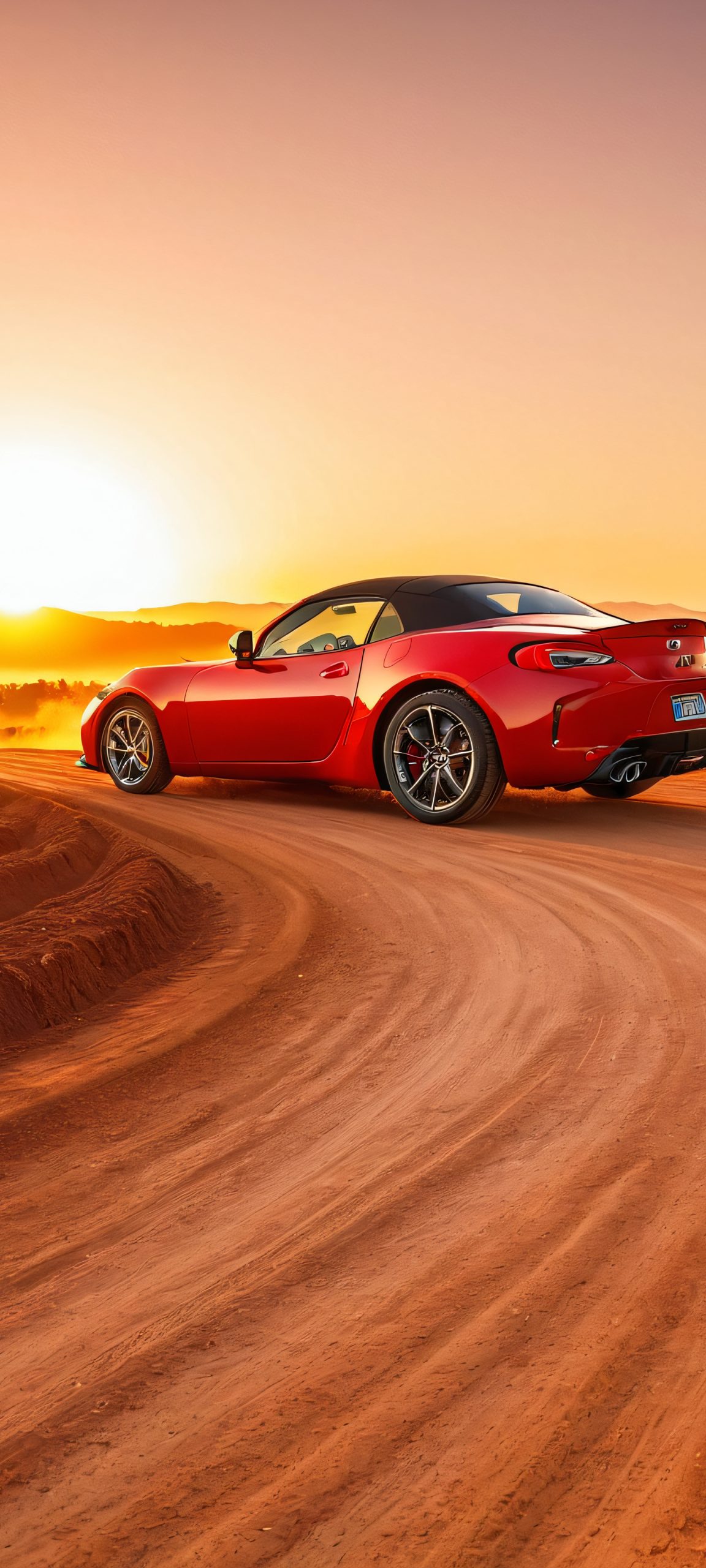 A beautiful red car driving on a dirt road during the golden hour, perfect for iPhone and Android home screens