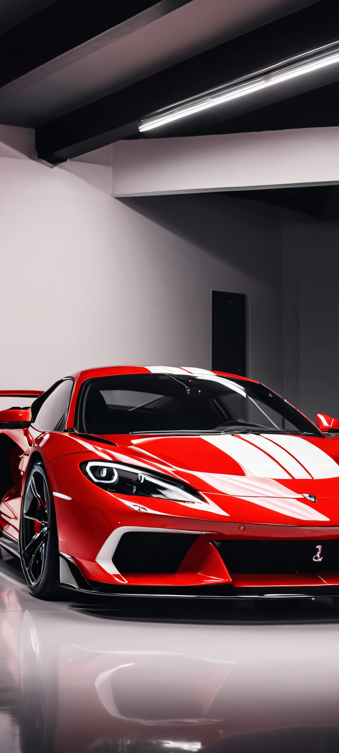 Sports car in a high-contrast garage setting, perfectly suited for iPhone and Android devices