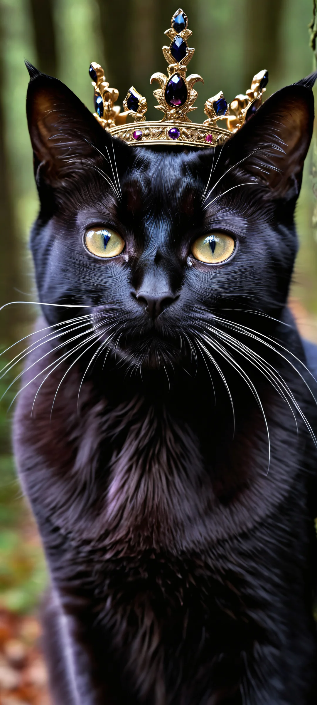 A majestic black cat wearing a king's crown looks down in disdain against an outdoor backdrop with deep shadows and subtle highlights, inviting the viewer to gaze upon its elegance. Perfect for iPhone/Android home screens.