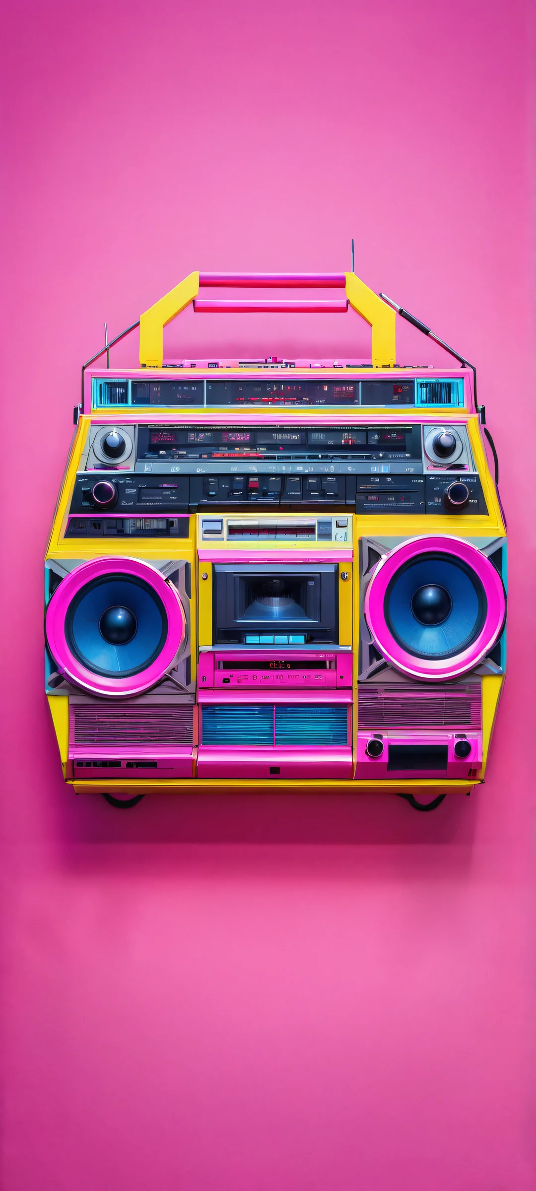 A vibrant neon retro boombox icon set against a glowing pink, blue, and yellow background, perfect for iPhone or Android home screens.