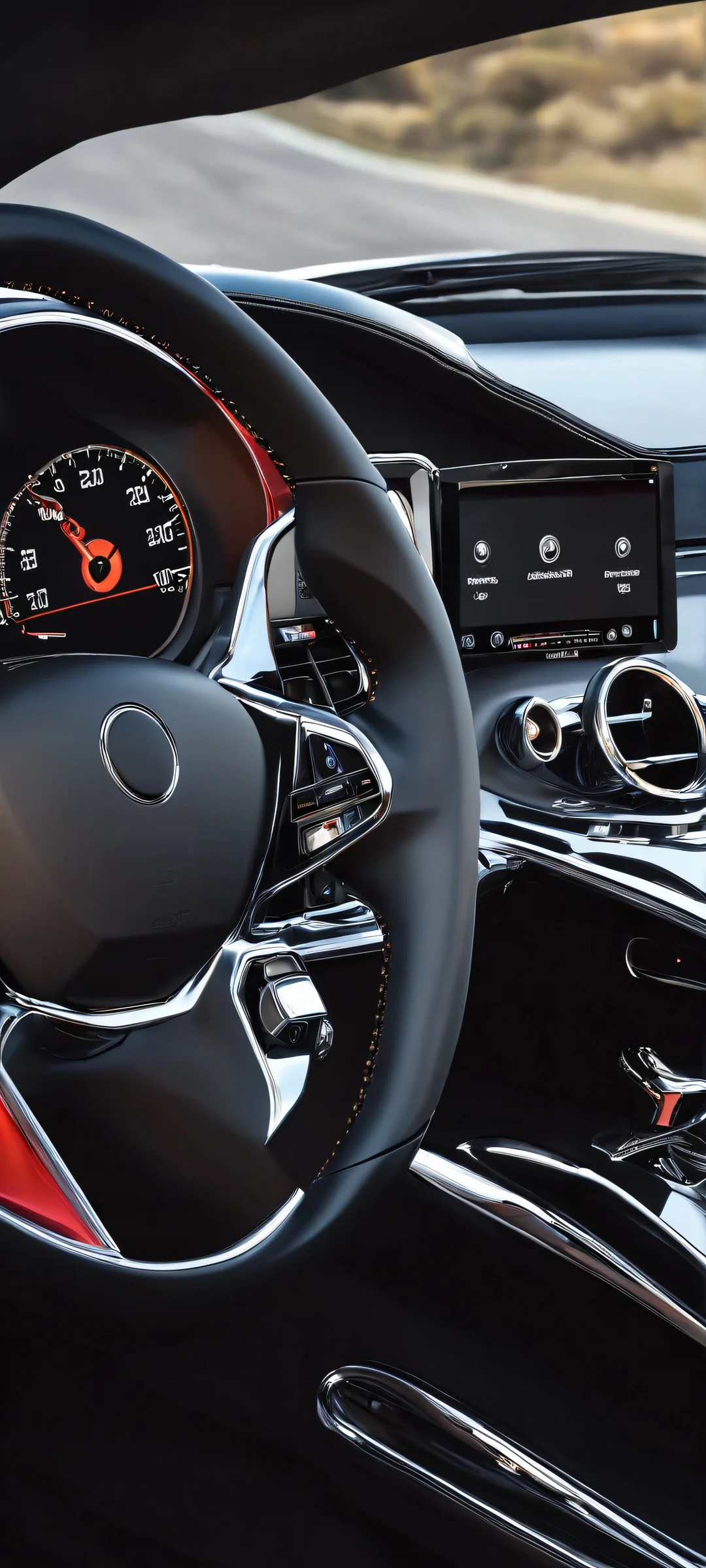 Chrome sports car dashboard on iPhone/Android wallpaper. High-quality, masterfully crafted for a stunning mobile phone background.